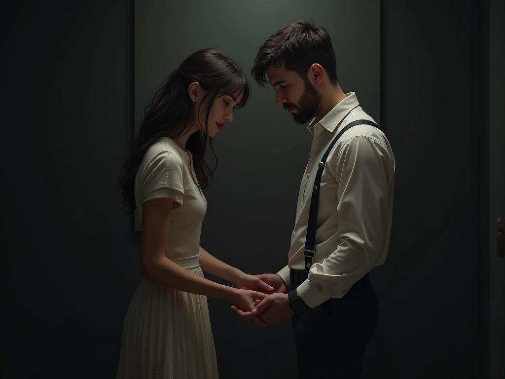 Title: "The Fading Touch"Description: The young  man  and girl stand facing each other but are moving in opposite directions. Their hands are reaching out but are just about to lose contact. The dark background highlights the separation and the fading connection.