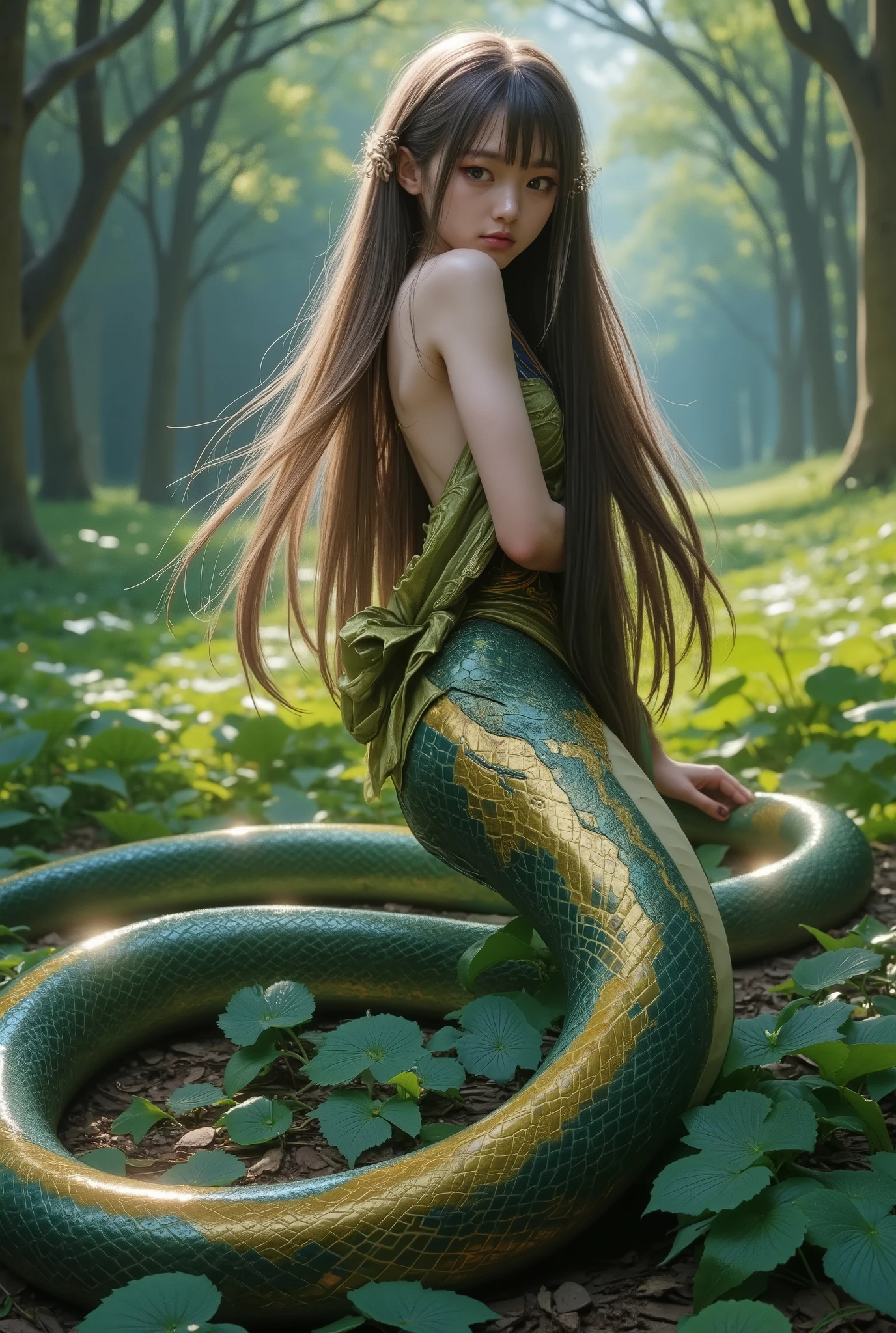 A mystical snake woman, half human and half serpent, with a captivating and enchanting presence. She has long, flowing hair that cascades down her back, blending seamlessly with the scales of her lower body. Her upper body is that of a graceful woman, featuring delicate facial features and piercing eyes that shimmer with an otherworldly glow.
Her skin has a slight iridescent sheen, while intricate patterns of scales in rich greens and golds cover her serpent tail, which coils elegantly behind her. She is positioned in a lush, enchanted forest, surrounded by vivid foliage and dappled sunlight filtering through the leaves. The atmosphere is magical and alluring, capturing the essence of mythical beauty.