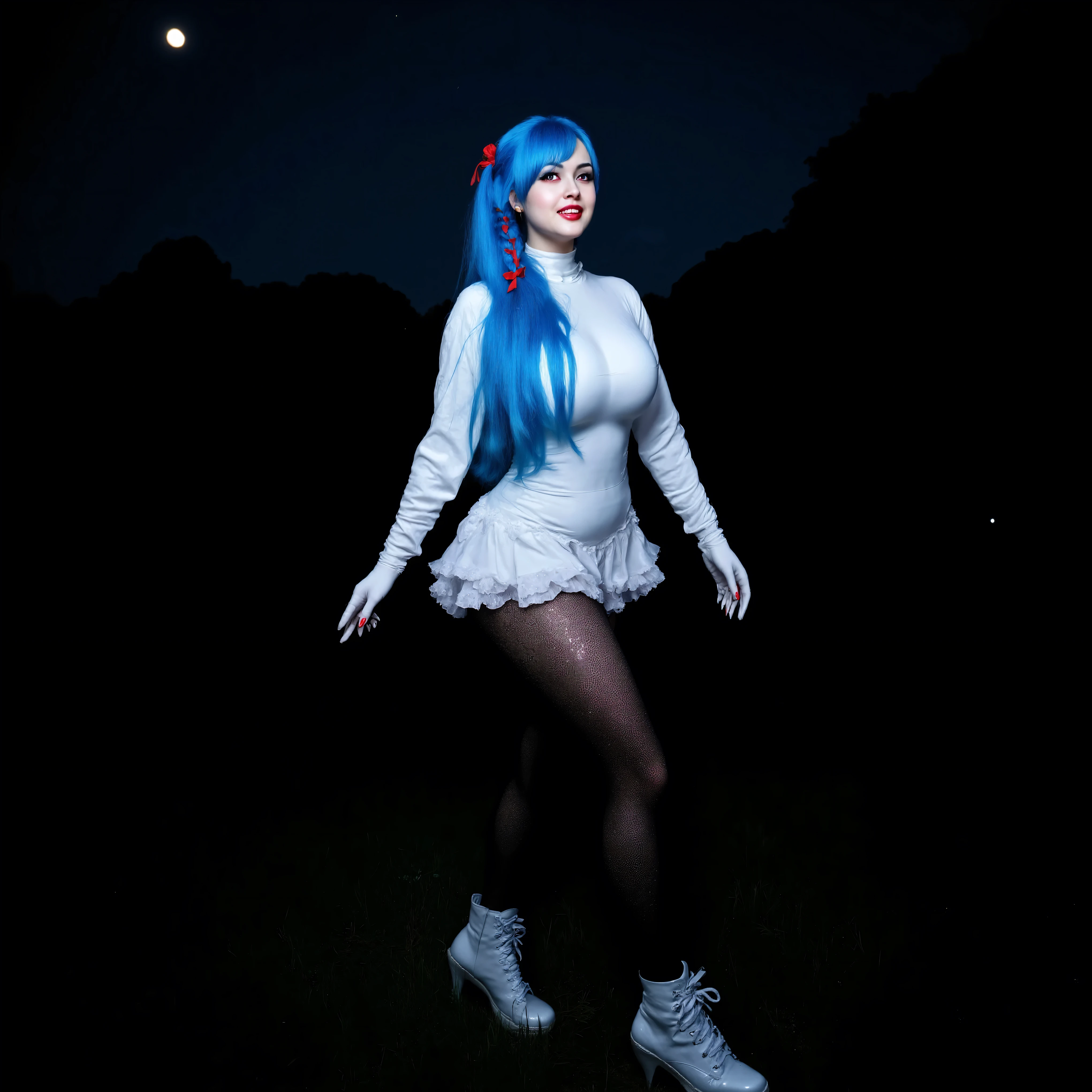 1 lady, Japanese, 35-years old,
5'10", 125 lbs.,
long bright-blue hair flows to her thighs,
red hair-braids and ribbons along the fronts and sides of he hair,
red eyes that gently glow in the dark,
wearing black full-body fishnet stockings,
solid white long-sleeved latex sweater with a frilly white miniskirt that covers her entire upper body,
thick shiny solid-white fingerless gloves,
fingernails long and sharp, painted red,
thick solid-white footwear that is a hybrid of athletic sneakers and white high-heeled boots,
in a vindictive mood, glares with anger and resentment at the viewer,
setting is dark meadow at night under a full moon and stars, standing, smiling warmly at viewer, full body shot, create a sprite sheet for this character in a 2d platforming game