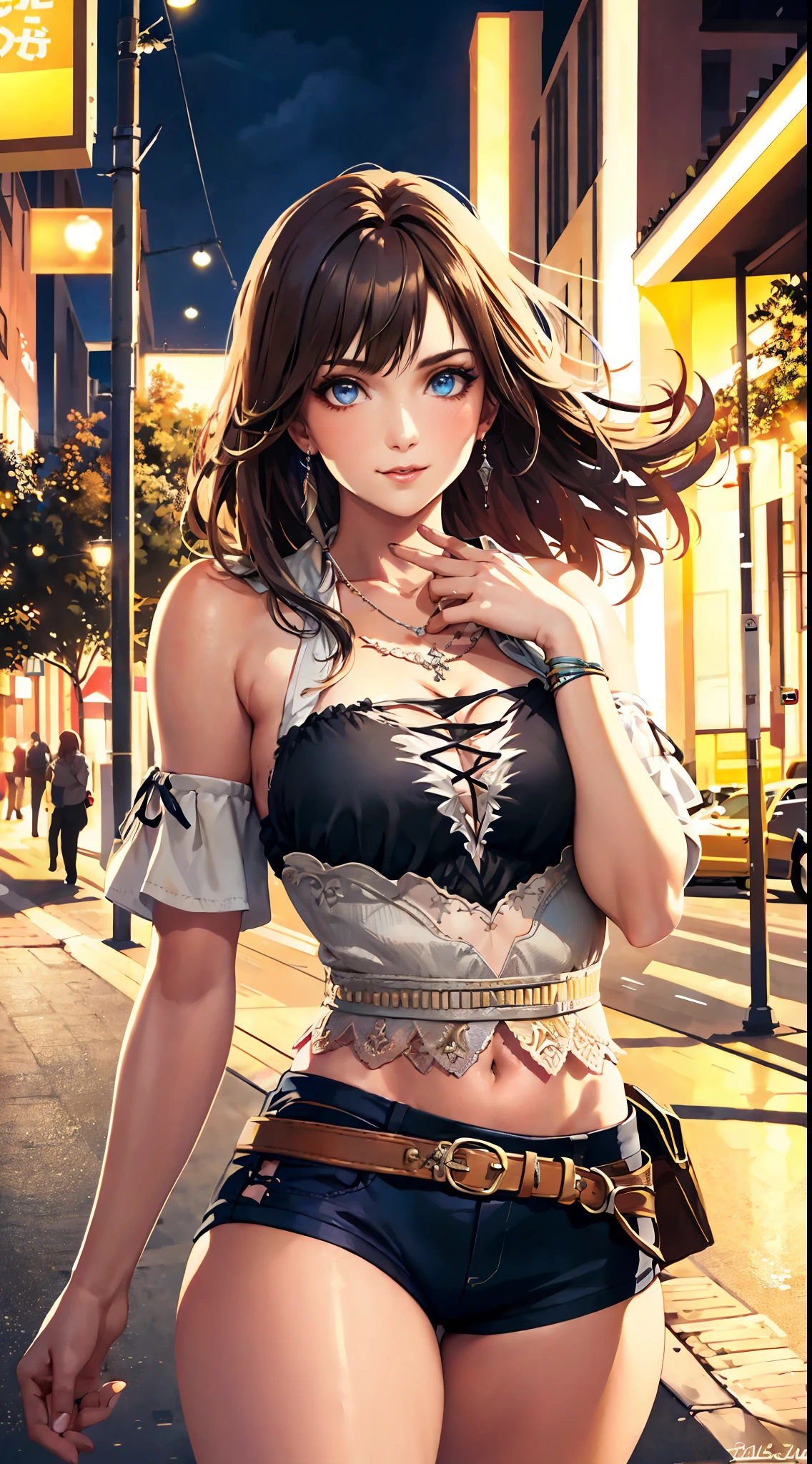 realistic beautiful woman, 1girl, thick thighs, ultra short shorts, simetall, street graffiti, happy expression, cinematic lighting, dramatic colors, poster style, detailed facial features, beautiful eyes, intricate hair, dynamic pose, volumetric lighting, highly detailed, 8k, photorealistic, masterpiece, (best quality:1.2), (realistic:1.37)