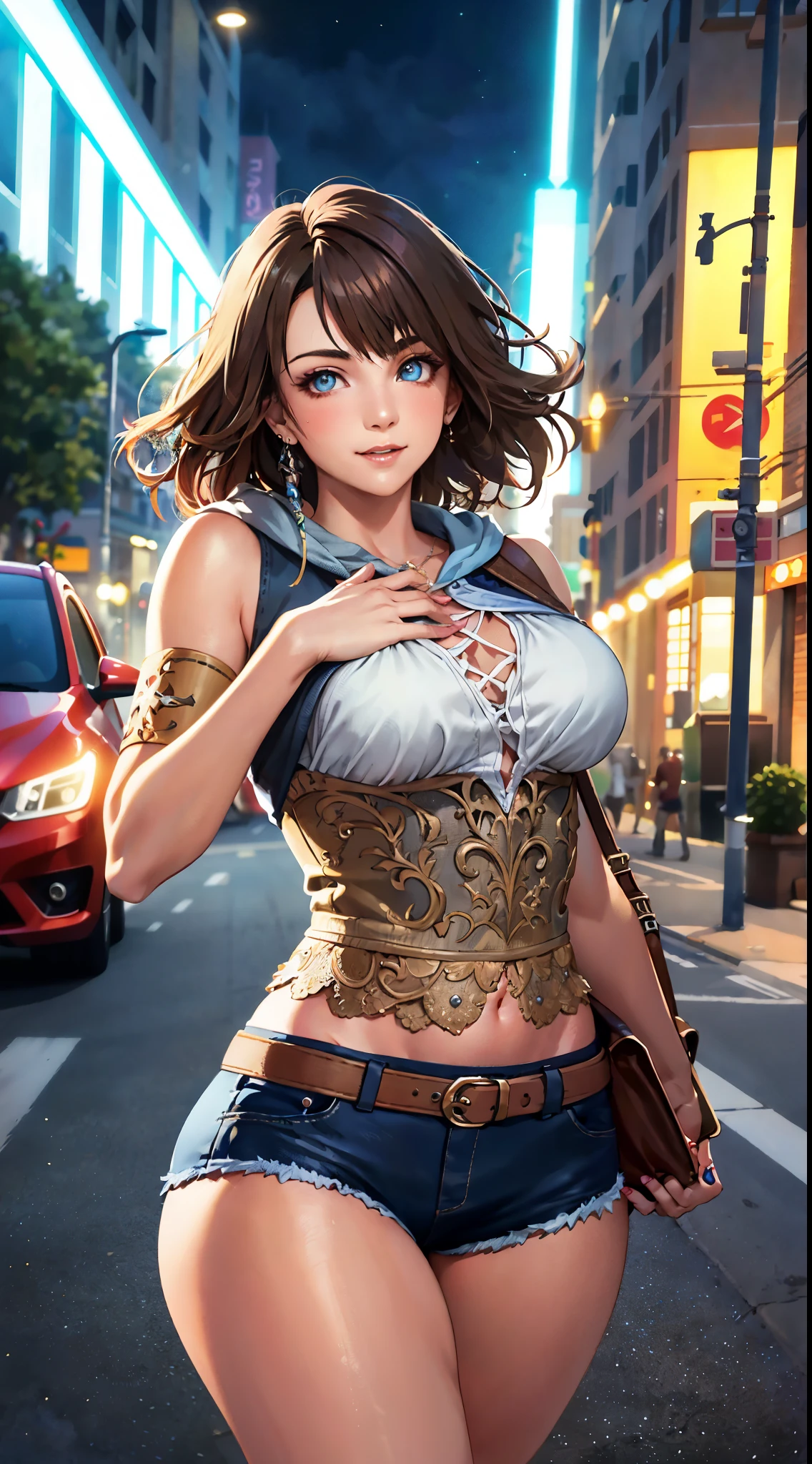 realistic beautiful woman, 1girl, thick thighs, ultra short shorts, simetall, street graffiti, happy expression, cinematic lighting, dramatic colors, poster style, detailed facial features, beautiful eyes, intricate hair, dynamic pose, volumetric lighting, highly detailed, 8k, photorealistic, masterpiece, (best quality:1.2), (realistic:1.37)