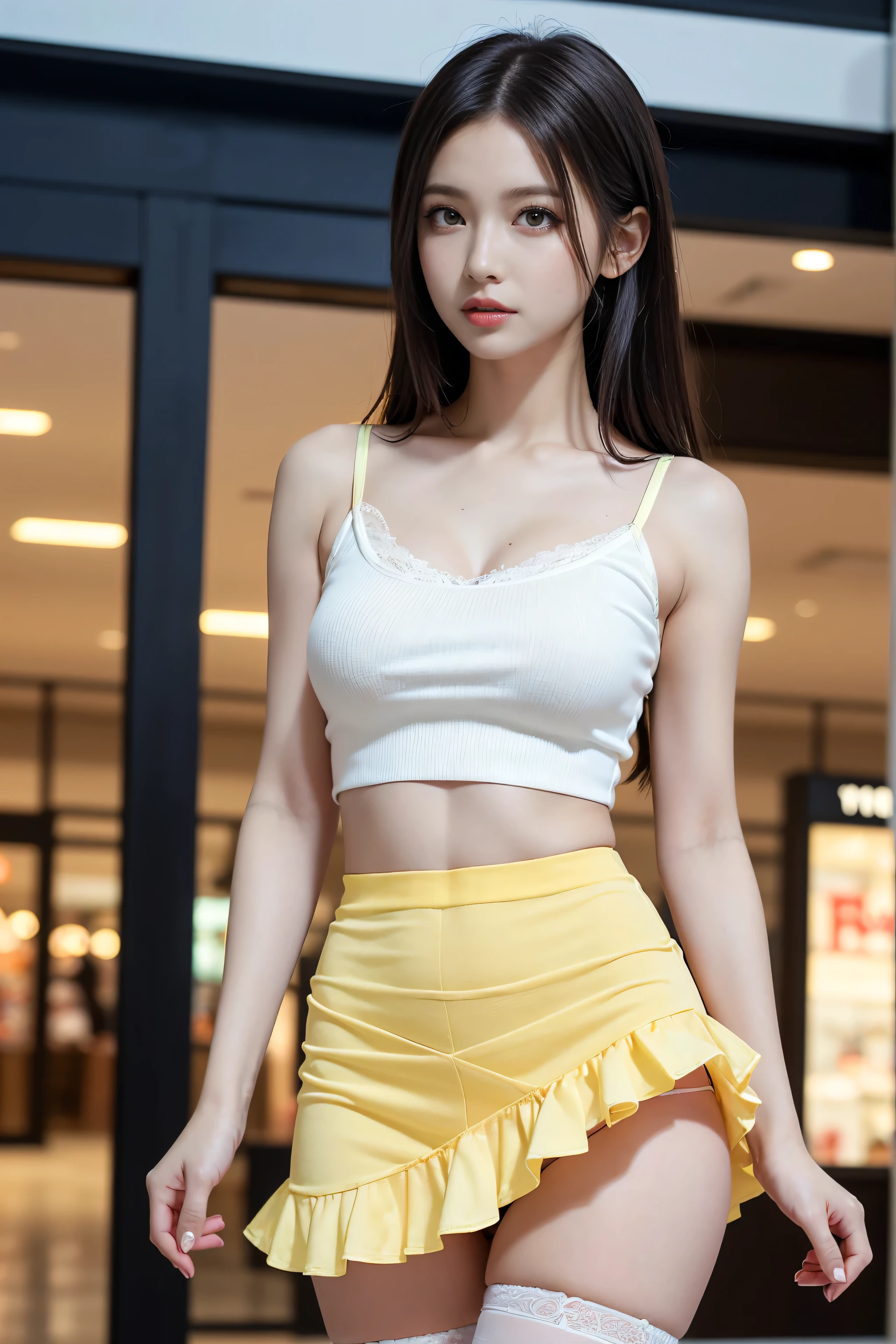 (((smile)))、(Open Stance)、 ((A tight-fitting white lace T-shirt)), ((Staring at the audience))、((White shorts))、(Standing with legs open to the sides)、((Sexy young woman&#39;s body:1.4)),
