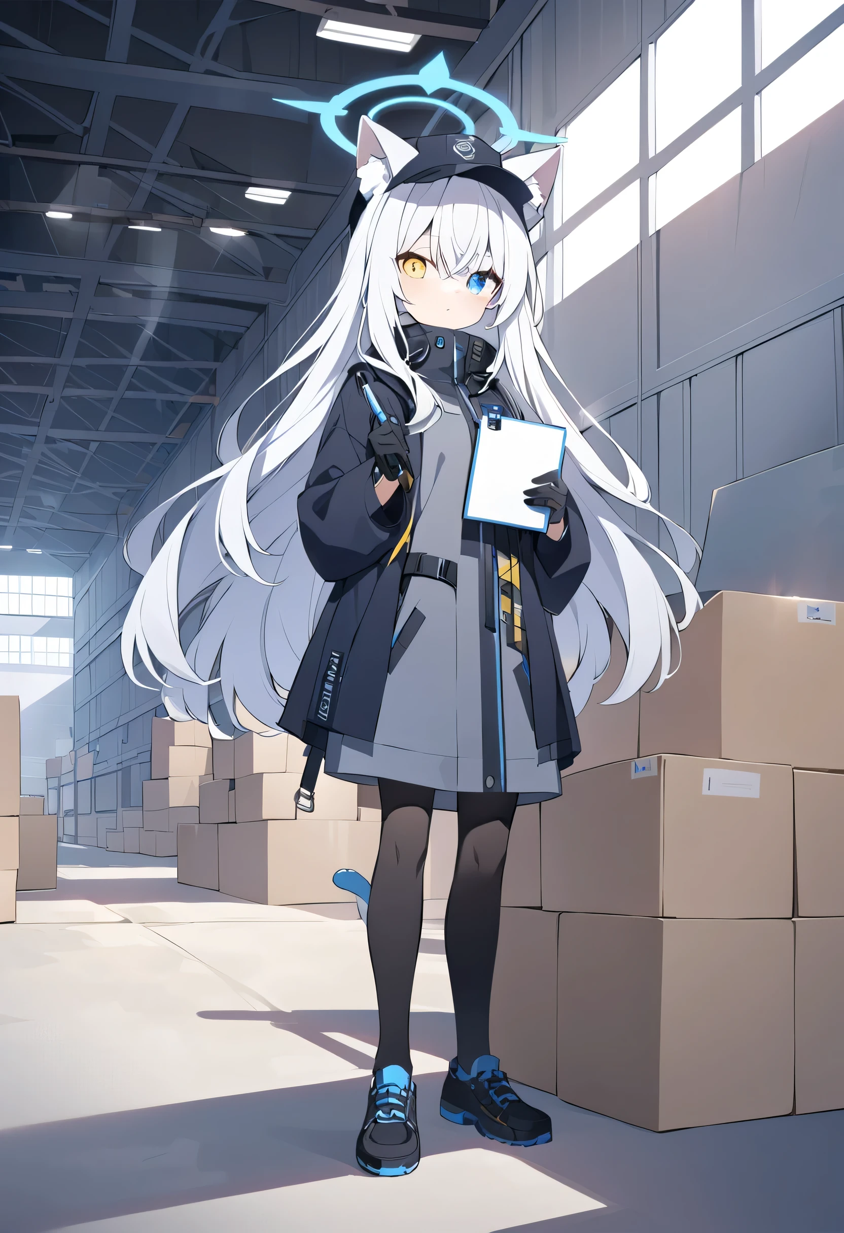 white hair , long hair, GREY JACKET , and wearing a cap ( grey), black pantyhose in a large warehouse, black shoes , heterochromia(Left blue right yellow), alone,Cat ears, Blue Halo, IN A LARGE WAREHOUSE, black gloves , holding a sticker board in a large warehouse ,Holding a pen