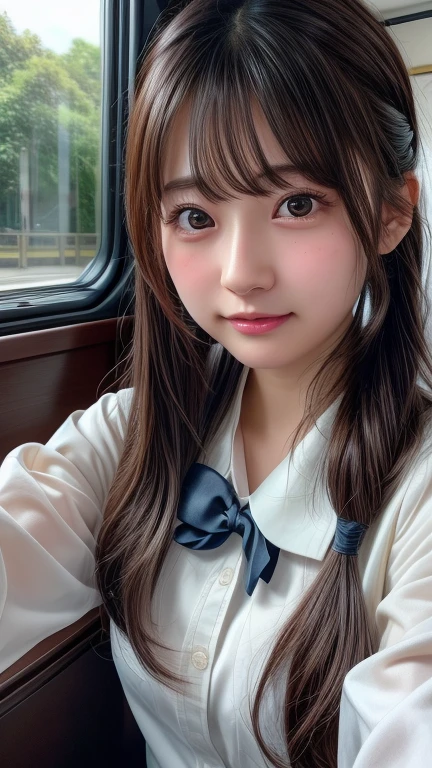(Tabletop, Highest quality, One Girl,Show off her white panties1.6Squat (beautiful girl, Cosplayers:1.3), (28 years old:1.2), Definition of Very Fine Particles, (Symmetrical eyes:1.3), (Beautiful views, Sit in a long seat on the train), (Low angle shot, From below, Front view:1.3), (school uniform, White shirt, mini skirt:1.3), Beautiful, HUGE breasts, Brown eyes, Parted bangs, Brown Hair, BOKEH, SAFE FOR WORK, SFW)
