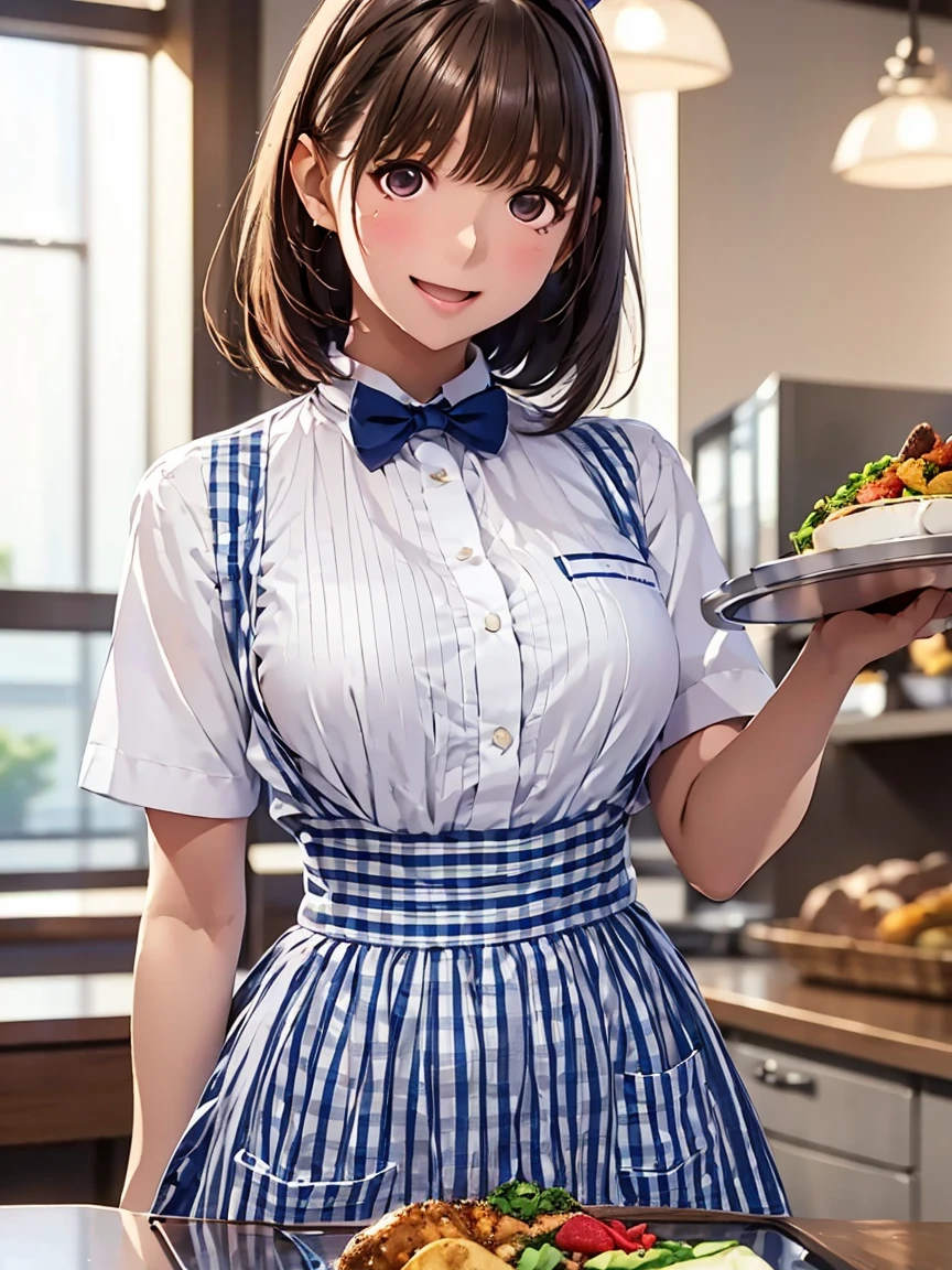 Fast Food Worker, at fastfood donuts shop, beautiful cute young lady is holding a paper box neatly packed with donuts them as a waitress, 1girl, standing, smile, food, gloves, waitress apron uniform, solo, holding, red gloves, hat, open mouth, :d, blurry background, brown hair, flower, looking at viewer, blurry, shirt, hair ornament, white headwear, black shirt, short sleeves, blush, pancake, hair flower, plate, bangs, blue eyes, (best quality,4k,8k,highres,masterpiece:1.2),ultra-detailed,(realistic,photorealistic,photo-realistic:1.37),,