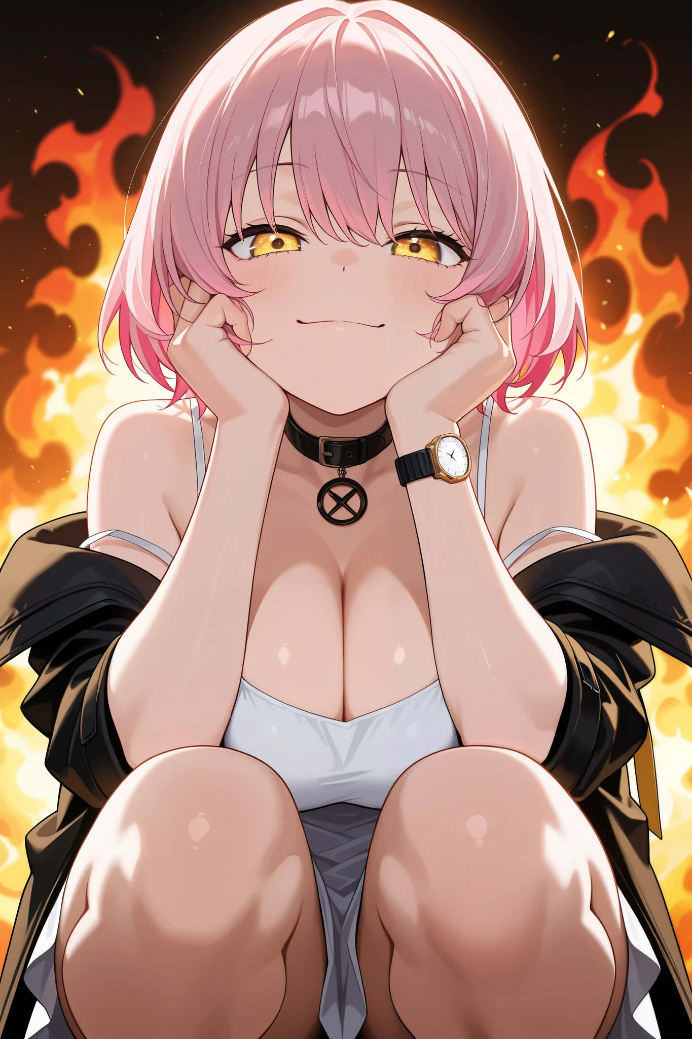  Masterpiece,  top quality, amazing quality,  very aesthetic,  Hi-Res,  latest, hyper-detailed,  realism,  1 girl,  dusty \(  weathering wave\),  pink hair,  two-tone hair, white dress,  black coat,   Fine Eye ,  Round Yellow Eyes ,  Colored Limbs ,  , ,  shoulder out, black collar,  Watch Viewers ,  smug ,   squats ,   leg summary  ,  with your hands on your face,  fanart,   is ridiculous,  depth of field,  Cinematic Flames ,  Amazing Burning Backgrounds