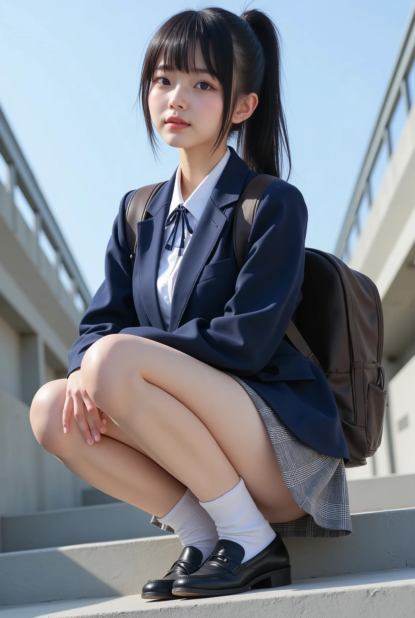 portrait photography,masterpiece, nsfw,8k,16k
(tidy Japanese Girl, 157 Height cm,pale skin),((shot from below,low angle)), big breasts, (sensual glamorous lower body:1.3), professional lighting,clear sky,
( 1 girl,Japanese standard petite immature fleshy body , head-body-ratio 1:6), tilting head,Narrow shoulder width, Wide pelvis, big butt, thick short legs, (fat thick ankels, rich fat short calves,short thighs:1.3), sucking thumb,
black hair,Shiny straight short ponytail hair With bangs,
(baby face, Round face, Droopy eyes,hazel color eyes, natural makeup ),revealing white pantie between skirt and legs,
Wearing navy japanese school short tight uniform jacket suit with medium-length grey checked skirt,white collared shirt,gap between jacket and shirt,navy color short socks, loafers, backpack on shoulder,
squatting with random sensual posing in overpass stairway,Focusing on calves,
85mm, Official AR RAW photos ,(Realistic,Ultra Details), best quality,Chromatic aberration,
Anatomically correct, textured skin,top of head
