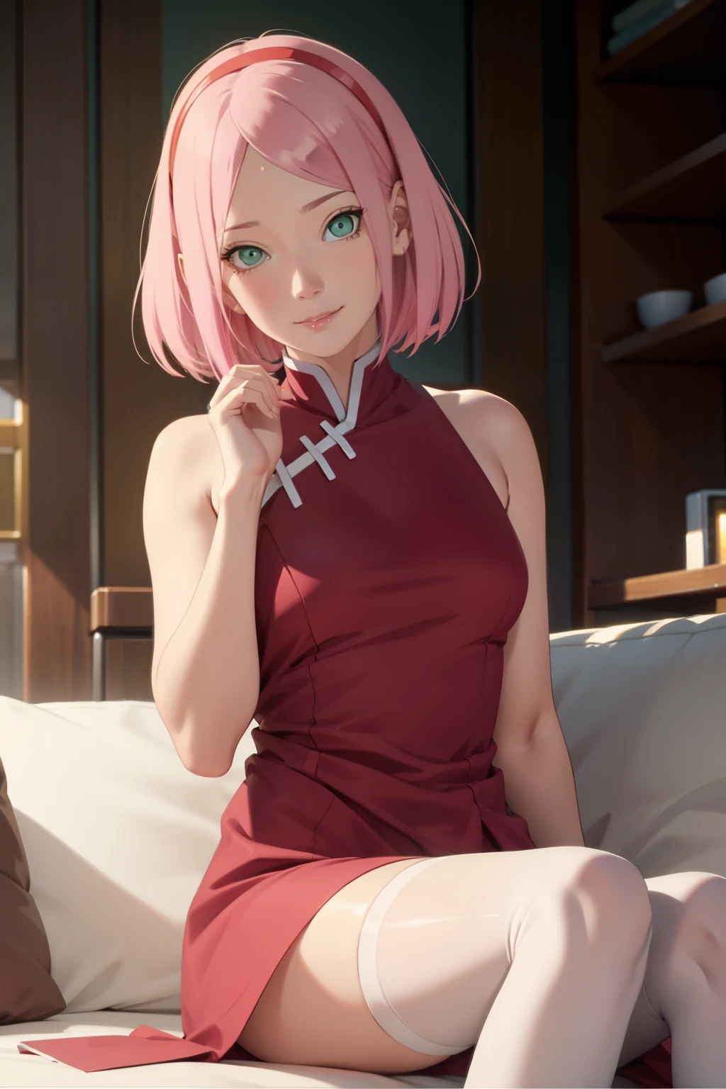 (score_9, score_8_up, score_7_up, score_6_up, score_5_up, score_4_up), masterpiece, best quality, high_resolution, 8k, UHD, 1girl, detailed, extremely detailed, best anatomy, (medium breasts), short hair, pink hair, purple forehead mark, , green eyes, red clothes, sleeveless, navel, white pants, sakura haruno, hairband, mature female, mommy, seductive look, lustful eyes,