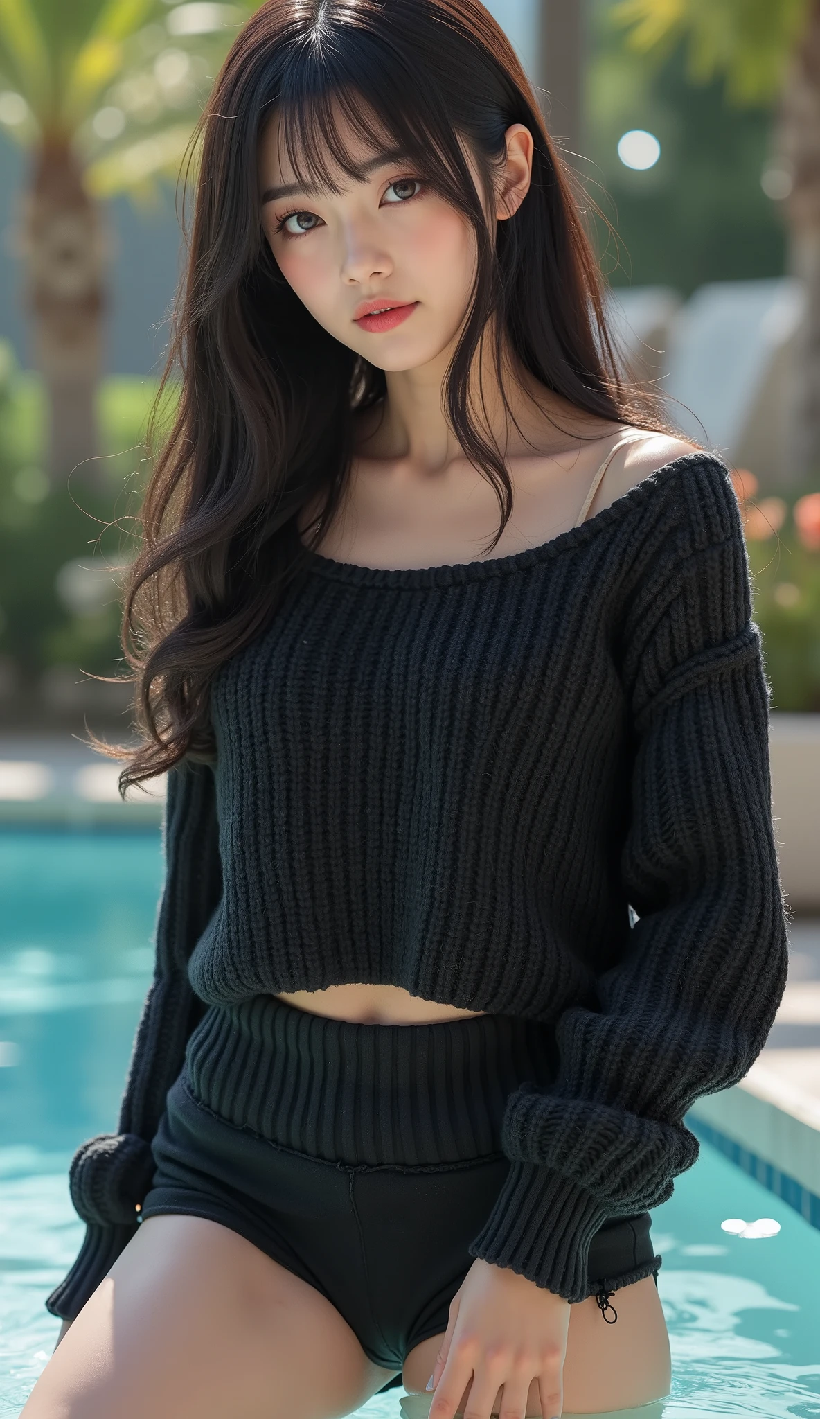 8k, super high resolution , top quality, masterpiece,rule of thirds,golden ratio, surreal, photos, one woman,( girl:1.3), cute, cute顔, Beautiful Eyes in Every Detail , 細かく Details, Mature Women, princess,full body,smile, black hair,Long layers,ID photo,future, Brutal Cyberpunk Woman , luxurious and beautiful ,((summer knitted sweater )), (( micro mini skirt)), ((Knee-high socks)),Short sleeve, very delicate expression , delicate eye description,, Healthy Body , (( 1 female)), Height: 160cm, (( thin thighs)) ,( thin waist:1.4)、( Beautiful :1.4), pink lips, profile,((( ideal figure))),Small bust, A cup :2,、 portraits:2、 perfect anatomy 、鮮明な Details、 Details, thin lips,Perfect and beautiful face ,完璧で cute顔, Meticulous Skin , Perfect Limbs 、 thin waist, surreal,Light and Dark, fashion magazine cover,glowing