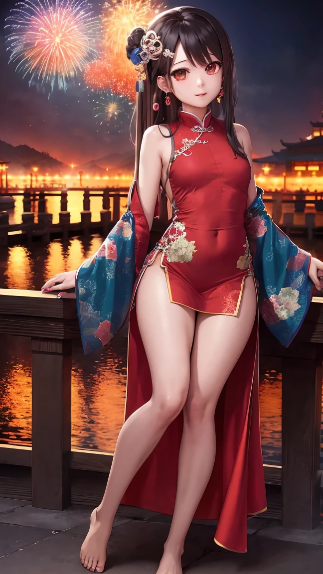 masterpiece,best quality,official art,extremely detailed CG unity 8k wallpaper, (wide shot),1girl, (Miyu Edelfelt),,black hair,brown eyes,seductive smile,(cleavage cutout), barefoot, sheer see-through provocative dress, butterfly, butterfly hair ornament, backless dress, chinese clothes,sleeveless, double bun,golden dragon print,bare foot,spread legs,elbow gloves,hair bun, hair ornament,jewelry,earrings,bead anklet,slim legs,nail polish, huge breasts, solo, toenail polish, toenails, toes, twintails,outdoor,Chinese style architecture, Chinese style, lake, ancient town, beautiful and meticulous water,the red lantern,fireworks,