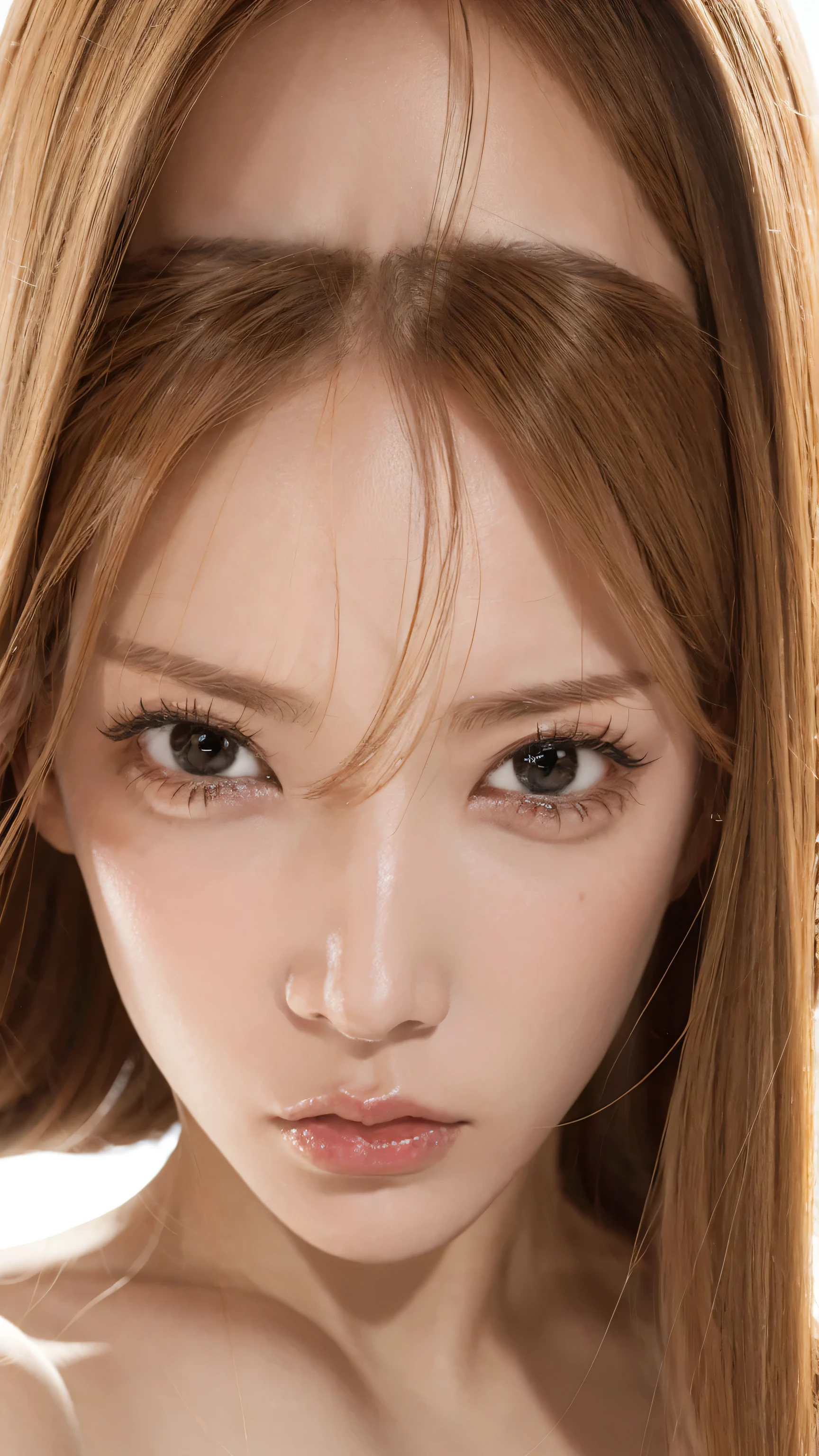 A face with a clear golden ratio、Face Zoom、 high quality close-up 、 Face Up 、 VERY REALISTIC SKIN 、 a very good-looking woman 、 4 angry women 、 An angry raised eyebrow 、 She's staring into our eyes 、 Very angry look 、It has a small face。 、 、 completely naked、 、I'm naked 。 . . The background is simple , face up from the front
