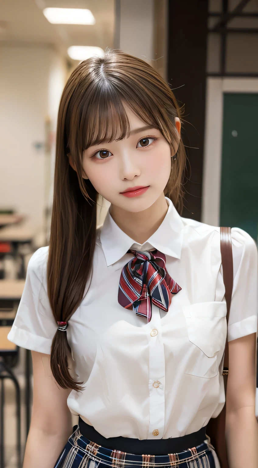 top quality, Masterpiece 、 actual photo 、The most beautiful girl in the world 、 Cute looks、 slender 、 perfect beautiful face in a private house 、 perfect and beautiful eyes 、 perfect and beautiful double eyelids 、 Fashion Model 、 Cute looks、 light brown hair 、( Japanese high school girl、 school uniform、 metallic straight hair、 plaid midi skirt、 full body depiction、 low ponytail、Date:1.3)、 thin waist