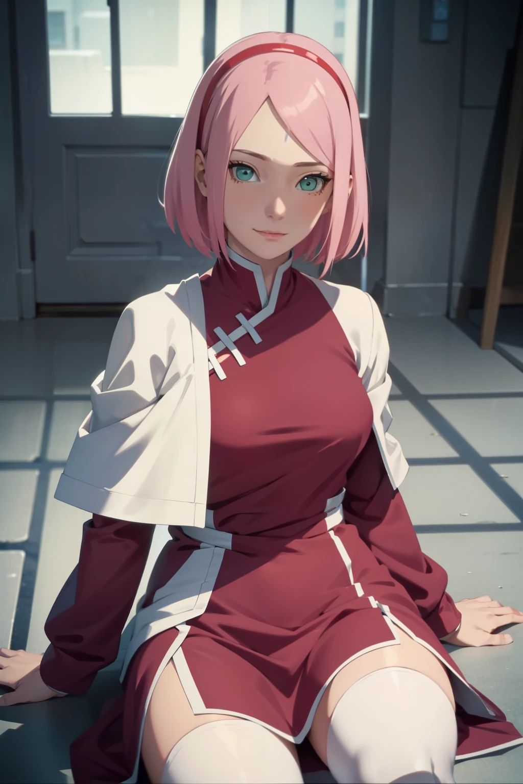 film movie still、1girl in、It's standing、24 years、pale-skinned、innocent smiles、white stockings、((A detailed face))、(Detailed skin)、Moist with intricate details、Shallow depth of field、[volume fog、shot at 8k resolution、Sakura Haruno, A pink-haired,short detailed hair, Red headband, red dress, Green eyes，Close-up, whole body, sitting on the sofa