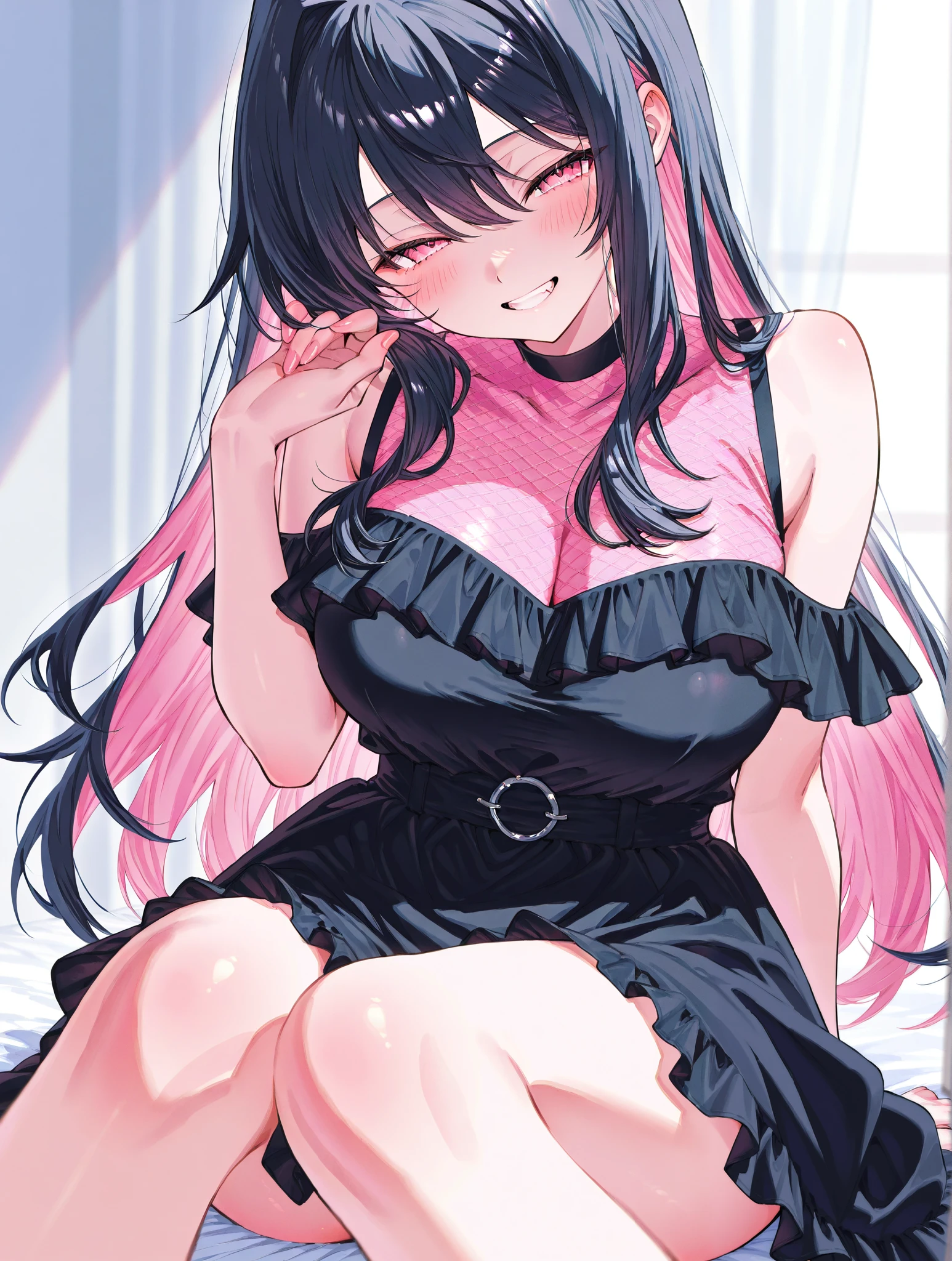 blush, cleavage,, red eyes, red fingerless gloves,glowing aura, natural light, masterpiece, glossy skin, juicy lips ,long hair, cute, kawaii, adorable, reaching up, adult, cuddle, kawaii clothes,random hair style, random clothes, black hair, (((pink streaks in hair))), yellow eyes, ((black hair)), snake, random pose, random background, random action, sexy, hot, nipple slip, full body, random expression