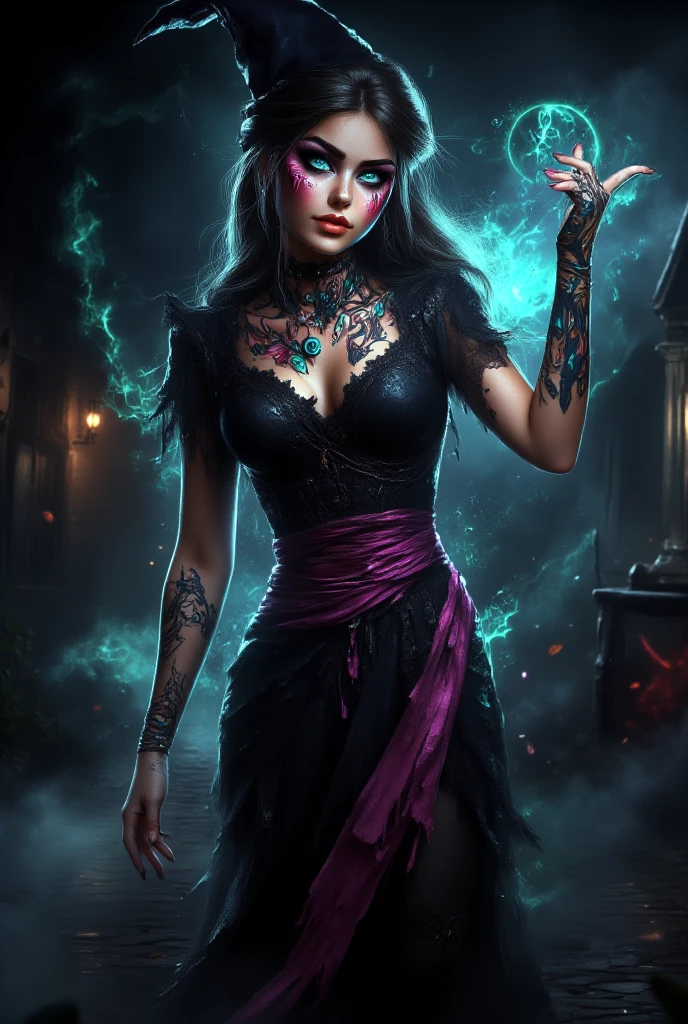 from above, high view shot, in the heart of a fantasy vampire world, a young sexy vampire elf woman with a pink and green style haircut, luminicent hair, elf ears, sexy vampire clothes, blue, pink, green and purple magic aura, smile. In a blue and purple enchanted castle, with cursed walls marked with elfic symbols, vampiric tattoos, sensual pose, magic dust, creates an atmosphere of vampiric magic and elfic magic, energy and neon lights, neon blue , neon purple. good quality eyes, red eyes, ultra detailed, blue, green and purple, magic light effects, masterpiece, 4k, raytracing, medium body, close-up, high view, particles and hard blue-green neon lights, focus on blue and purple color