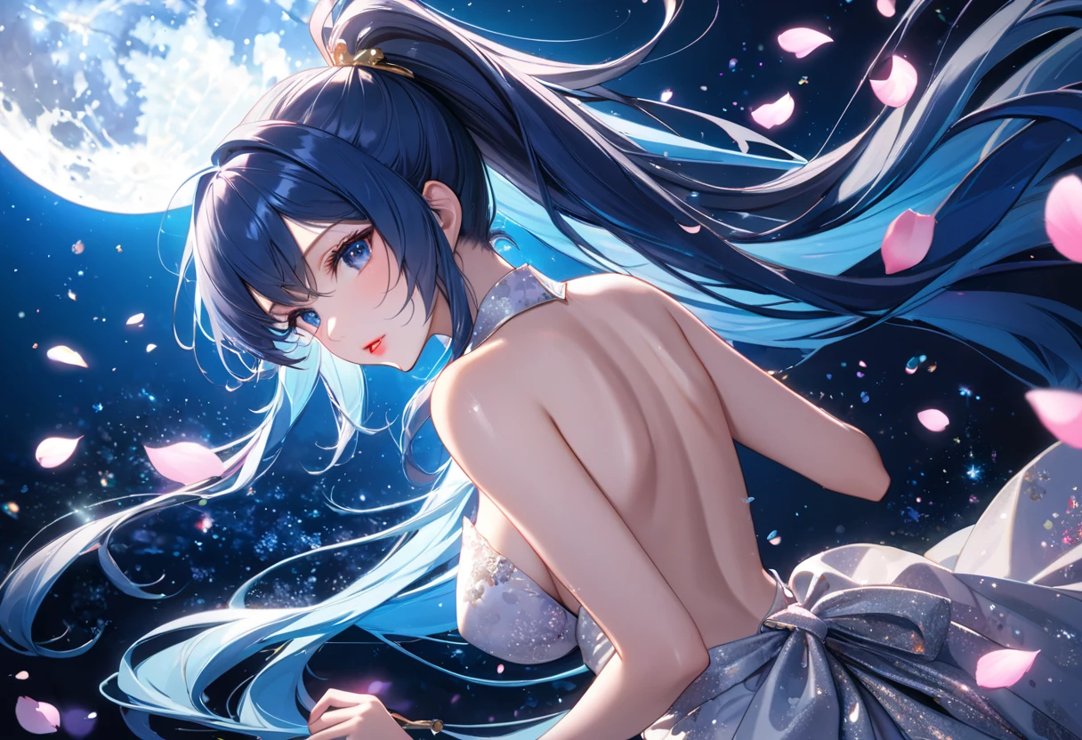 (8k, top quality, masterpiece: 1.2), (realistic, photorealistic: 1.37), super detailed, girl alone, cute, solo, midnight, beautiful detailed sky, detailed café, sitting, dating, (blush), (smile: 1.15), small breasts (mouth closed), beautiful fine eyes, floating hair NovaFrogStyle, back open dress, blue rose accessories, Blue rose background