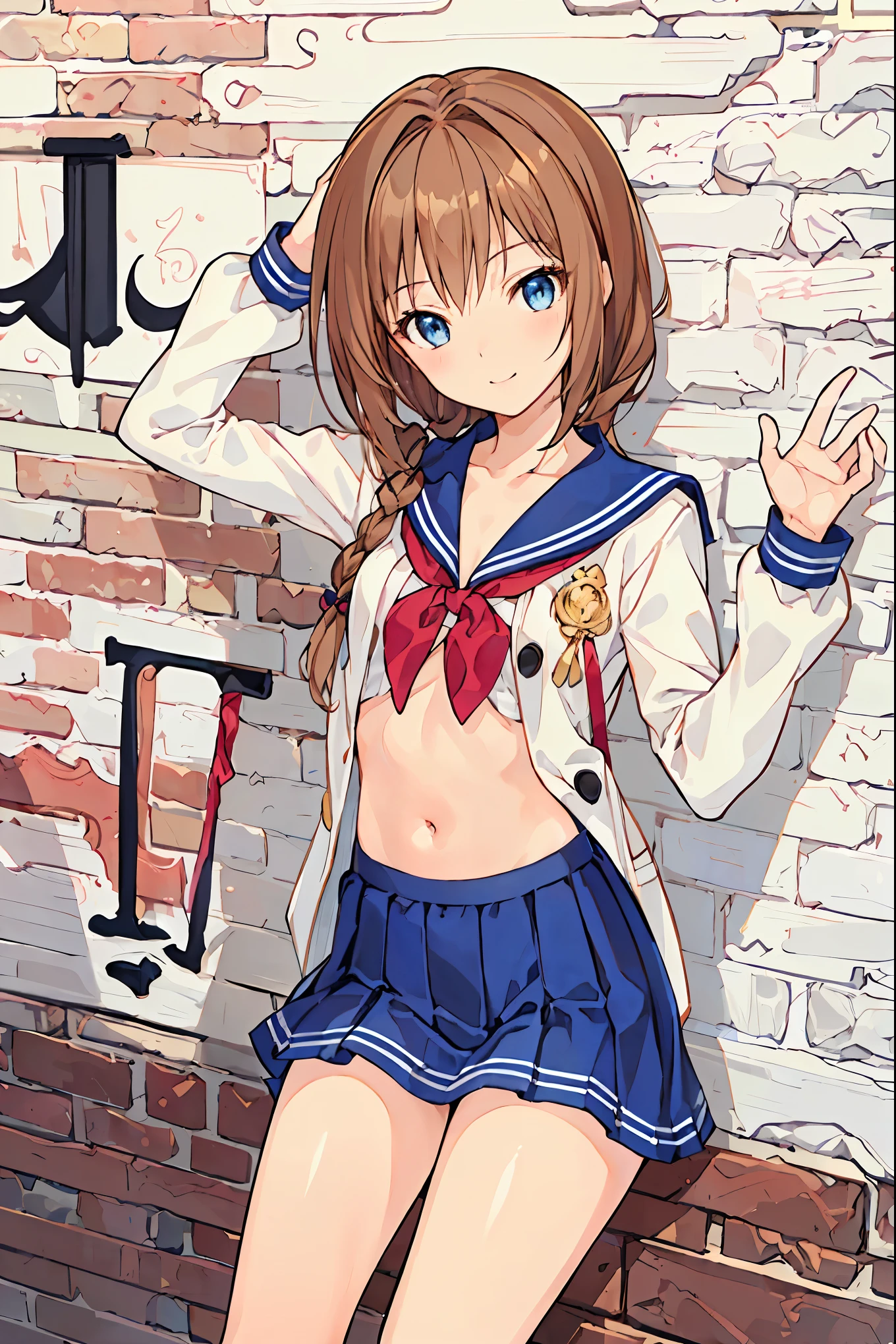 masterpiece, top quality, 非常に DetailsなCG Unity 8K壁紙 , Ultra-realistic 8K CG, perfect artwork , Perfect Female Body Type, Dramatic shadows , ( spotlight, viewer , Details light , ((( 1 girl))), (( SHARP FACE )), (( brown hair, wave hair)), ((( sexy pose))), model body type , I can see my belly button, Watch viewers with small breasts , (( cute face)), ( smiles gently: 1.2), ( asymmetrical bangs that grab the chest , beautiful eyelashes ), Beautiful appearance, (Beautiful bust line:1.2), (Chest), beautiful girl, beautiful facial features that describe a perfect face, cold, Natural Beauty , slender body, Light and beautiful thigh expression , high school girl, high school uniforms , Show me sailor suits, pleated skirt , loose socks, in front of a wall full of graffiti , night , ((( leaning against the wall, standing))), Award-Winning Photos Cuddling From Behind, Details, realistic light and shadow , 8k resolution, professional lighting , ( shiny skin around:0.9), Perfect Hands, Hair, Shortcut with Bangs, unkempt hair,Short braided hair,Neat, slender beautiful woman,Correct posture,Small chest, beautiful legs, has enchanting gray-blue eyes that shine like stars, droopy eyes , vibrant colors, beautiful eyes,A delicate smile,Textured Skin, Best Quality at its Best , gentle and beautiful woman , anime style、