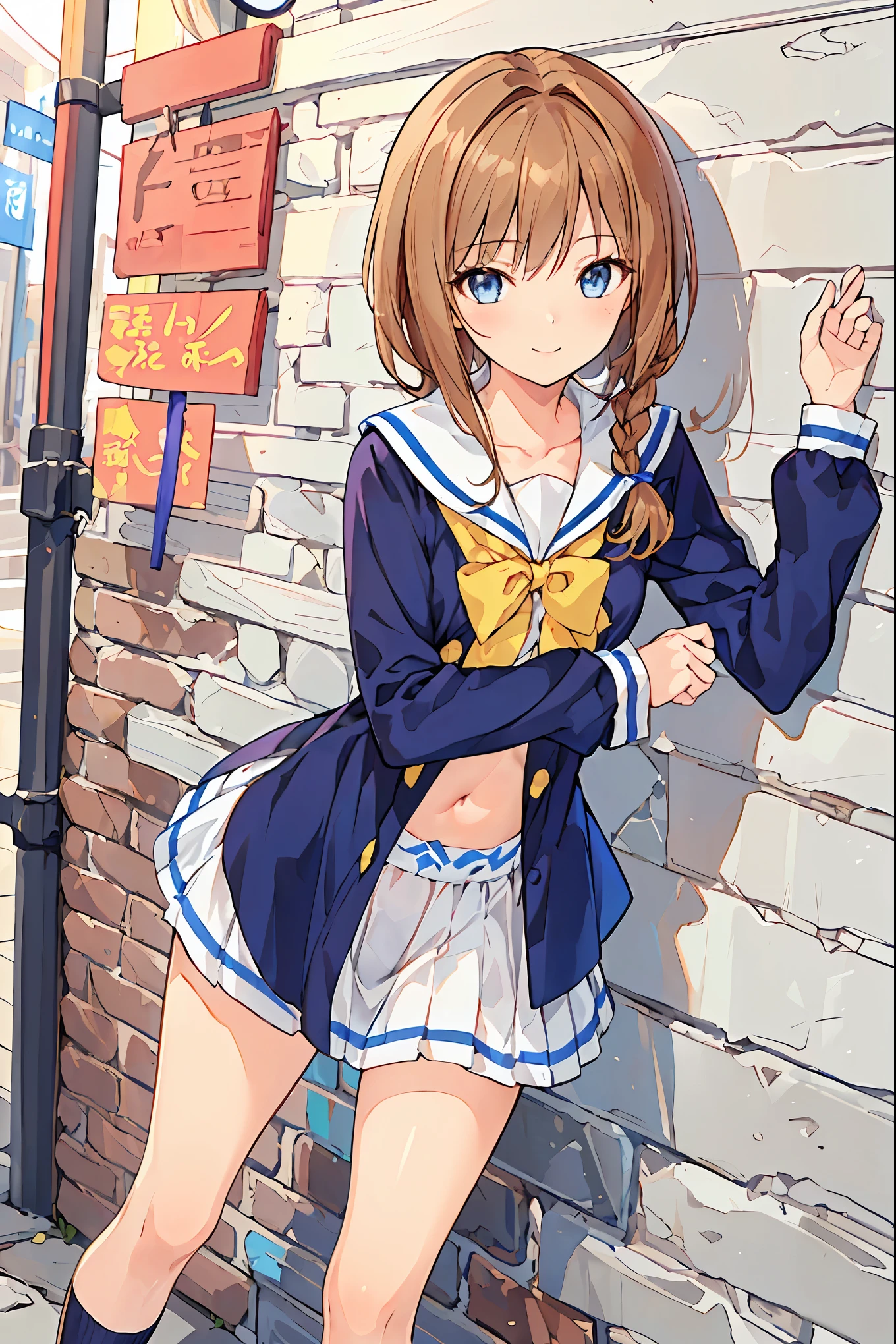 masterpiece, top quality, 非常に DetailsなCG Unity 8K壁紙 , Ultra-realistic 8K CG, perfect artwork , Perfect Female Body Type, Dramatic shadows , ( spotlight, viewer , Details light , ((( 1 girl))), (( SHARP FACE )), (( brown hair, wave hair)), ((( sexy pose))), model body type , I can see my belly button, Watch viewers with small breasts , (( cute face)), ( smiles gently: 1.2), ( asymmetrical bangs that grab the chest , beautiful eyelashes ), Beautiful appearance, (Beautiful bust line:1.2), (Chest), beautiful girl, beautiful facial features that describe a perfect face, cold, Natural Beauty , slender body, Light and beautiful thigh expression , high school girl, high school uniforms , Show me sailor suits, pleated skirt , loose socks, in front of a wall full of graffiti , night , ((( leaning against the wall, standing))), Award-Winning Photos Cuddling From Behind, Details, realistic light and shadow , 8k resolution, professional lighting , ( shiny skin around:0.9), Perfect Hands, Hair, Shortcut with Bangs, unkempt hair,Short braided hair,Neat, slender beautiful woman,Correct posture,Small chest, beautiful legs, has enchanting gray-blue eyes that shine like stars, droopy eyes , vibrant colors, beautiful eyes,A delicate smile,Textured Skin, Best Quality at its Best , gentle and beautiful woman , anime style、