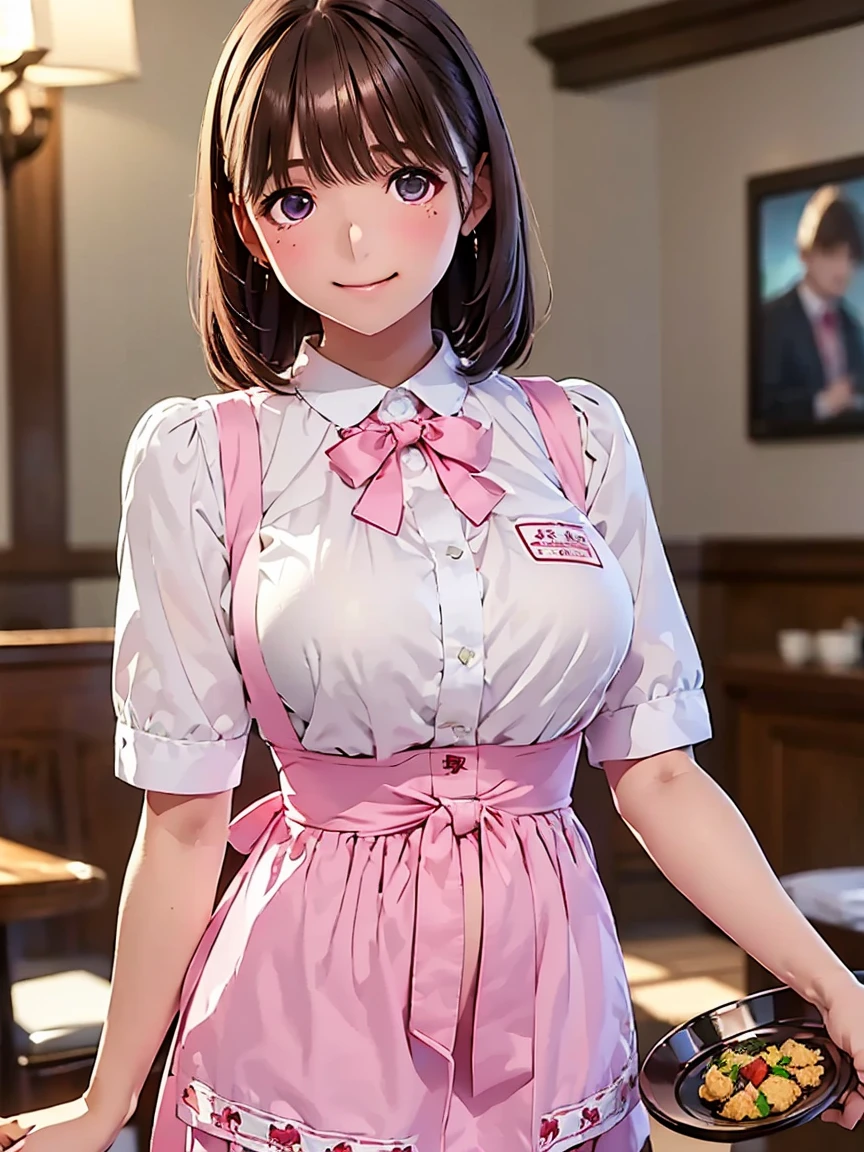 8k, masterpiece, cute solo 1girl, maid, big smile, short girl, pink dress, white apron, vibrant, vivid, dynamic