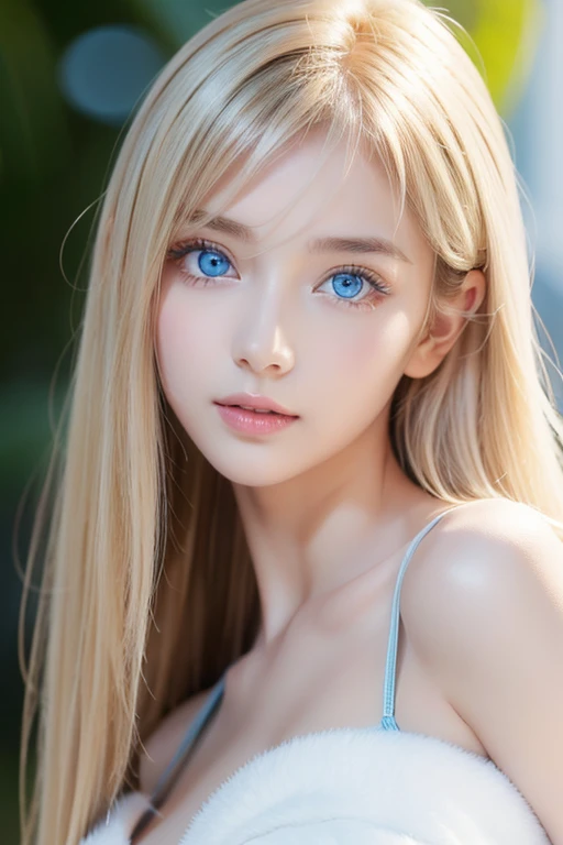 Face focus, Crazy for love, 14 years old , Frilled Summer Dress, Very beautiful blonde Scandinavian girl, Very white and shiny skin、Overwhelmingly beautiful, Beautiful shiny super long straight blonde silky hair、Blonde bangs over the eyes、Blonde hair over one eye、Blonde hair between the eyes、Has cleavage, Arms behind head, Low contrast, (Shy and cheerful expression:0.8), Hair Scrunchie, highest quality, Ultra-high resolution, Realistic photos, Very detailed, 8K, Raw photo, Perfect Anatomy、so beautiful, The Shining, Very bright light blue eyes、Very big eyes、Small Face Beauty