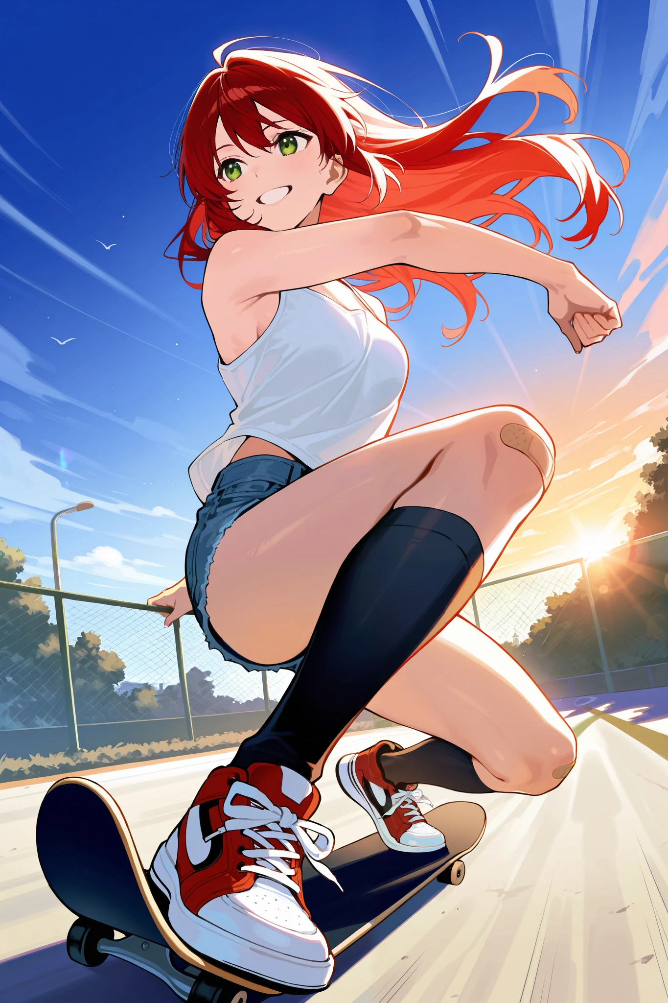 (score_9, score_8_up, score_7_up), source_anime, absurd_res, white, blue, black, 1girl, solo, super fine illustration, an extremely delicate and beautiful, best quality, masterpiece, 8K, extremely cute, young adult, short vibrant red hair, brilliant green eyes, confident smile, dynamic pose, voluptuous figure, perfect proportions, anatomically correct, detailed beautiful face, white tank top, denim hot pants, black knee-high socks, red sneakers, riding skateboard, band-aid on knee, athletic build, toned muscles, motion blur, action lines, urban background, skate park, sunset lighting, wind effects, hair flowing, dramatic angle, lens flare, dutch angle, official art style, perfect composition, depth of field, intense atmosphere