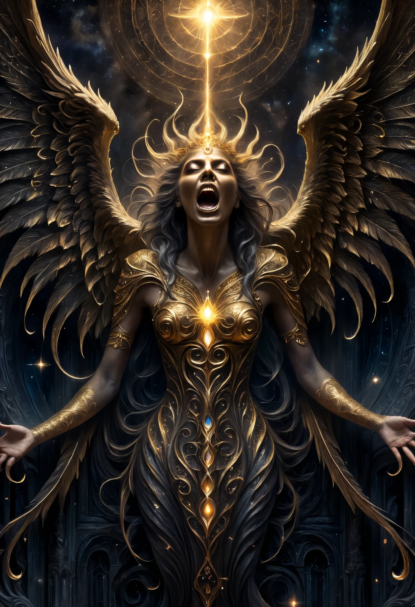 A hyper-realistic, otherworldly celestial being with an overwhelming presence, designed to evoke both fascination and fear. This entity has an elongated, humanoid form with unnaturally tall proportions (over 3 meters). Its skin is a shifting mix of iridescent gold and deep black, covered in intricate, ancient symbols that glow faintly.
Its face is a disturbing blend of angelic beauty and eldritch horror—an eerily symmetrical visage with too many eyes, each radiating an intense, piercing golden light. Its mouth is slightly open, revealing layers of impossibly sharp, interlocking teeth. There is an unsettling stillness to its expression, as if it exists outside of human comprehension.
Towering, wing-like appendages extend from its back, but instead of feathers, they are composed of writhing, shifting energy tendrils that pulse with an otherworldly glow. Some tendrils form distorted, semi-transparent faces, as if souls are trapped within.
Its arms are impossibly long, ending in delicate yet disturbingly elongated fingers tipped with razor-sharp, obsidian-like nails. The creature’s body is adorned with floating golden rings, engraved with ancient, unreadable text that seems to shift when looked at directly.
The environment around it is warped, as if reality itself bends in its presence. The air shimmers, creating a mirage effect, and the ground beneath it is cracked and smoldering. Swirling cosmic energy and glowing dust particles surround it, adding to its divine yet horrifying aura.
Cinematic lighting, dramatic high contrast, eerie atmosphere, ultra-detailed textures, 8K resolution, terrifying yet mesmerizing, a being beyond human comprehension, designed to maximize visual impact for a YouTube thumbnail.