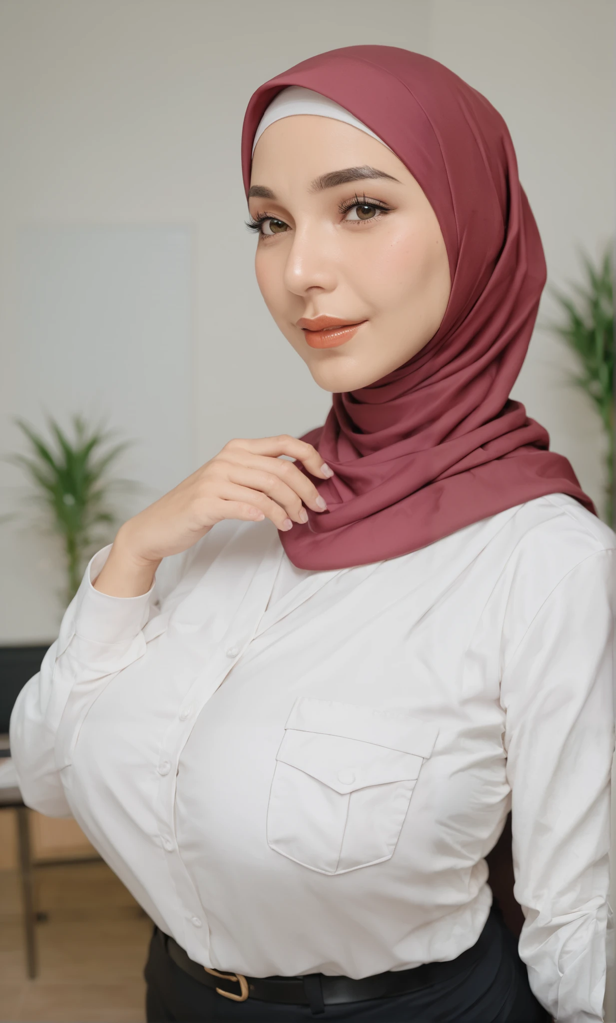 56 years Old, Hijab Indonesian mature woman, Big Tits : 34.9, Gamis, curvy body, Breast about To burst out from her clothes, at doctor office, Dark light, at Nighttime.