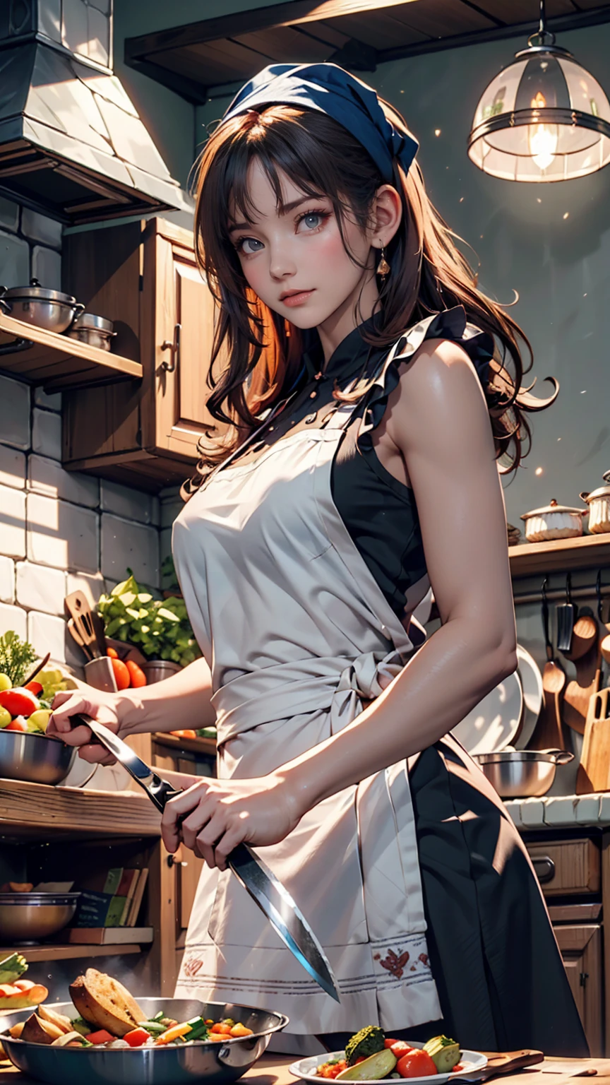 Woman with tattoos, (([red|black] hair)), long hair, wearing a black apron,  cooking, View the viewer, kitchen, Cakes and pies on the background,  indoor, (Calm tone:1.0), (High resolution:1.25), (Art Station:1.2), dramatic, (Intricate details:1.14), (Ultra-realistic 3D rendering:1.16), (Movie:0.55), (Rutkowski:1.1), (Faded:1.3)、24-year-old woman、Sexy proportionature female body、Sexy proportionakeup、Textured skin((textured skin))、smile、Narrow waist