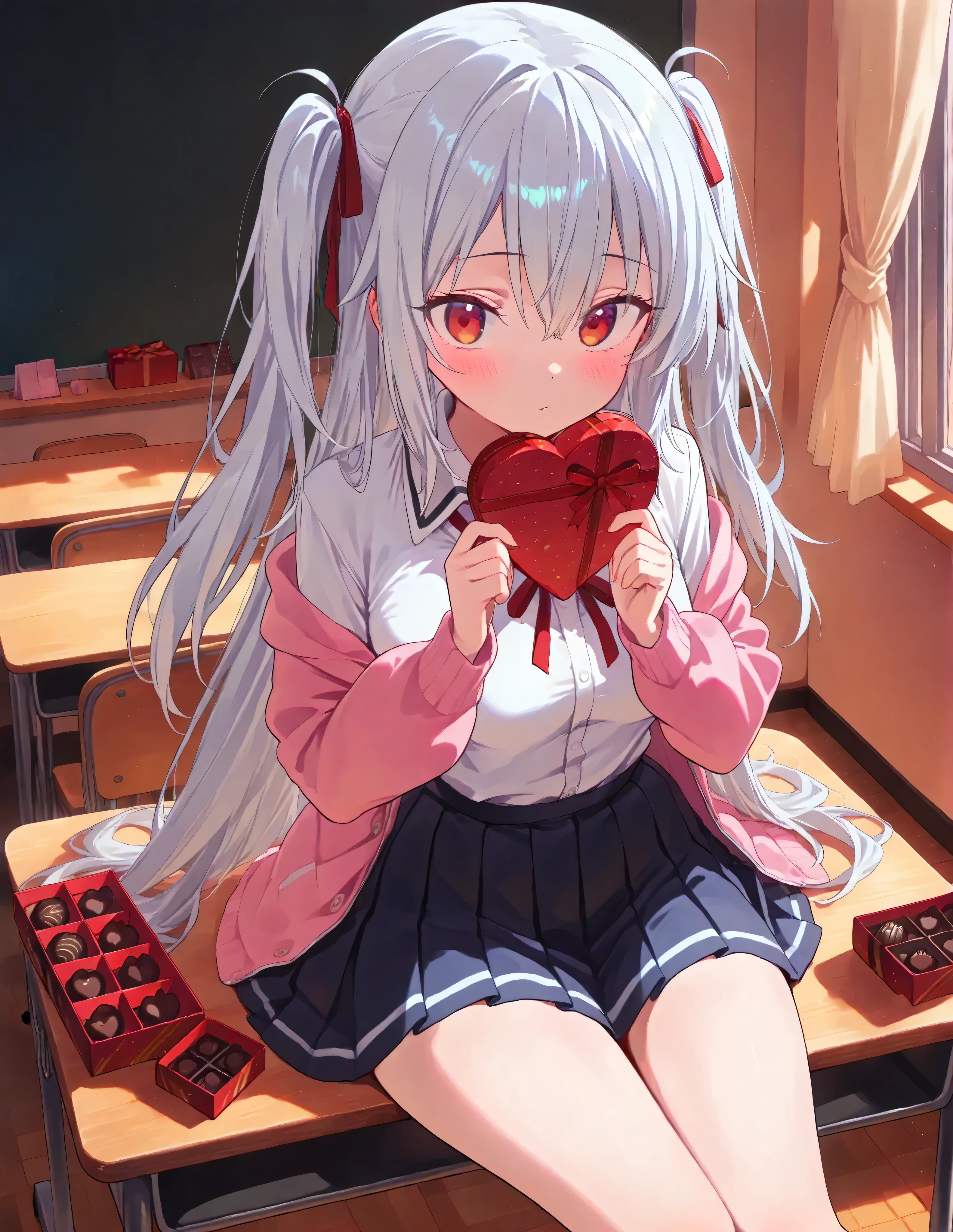Masterpiece, best quality, ultra-detailed, anime-style illustration. A cute high school girl with short silver hair, sitting at a wooden desk in a cozy classroom. On the desk in front of her is a small, neatly wrapped Valentine's chocolate box with a red ribbon