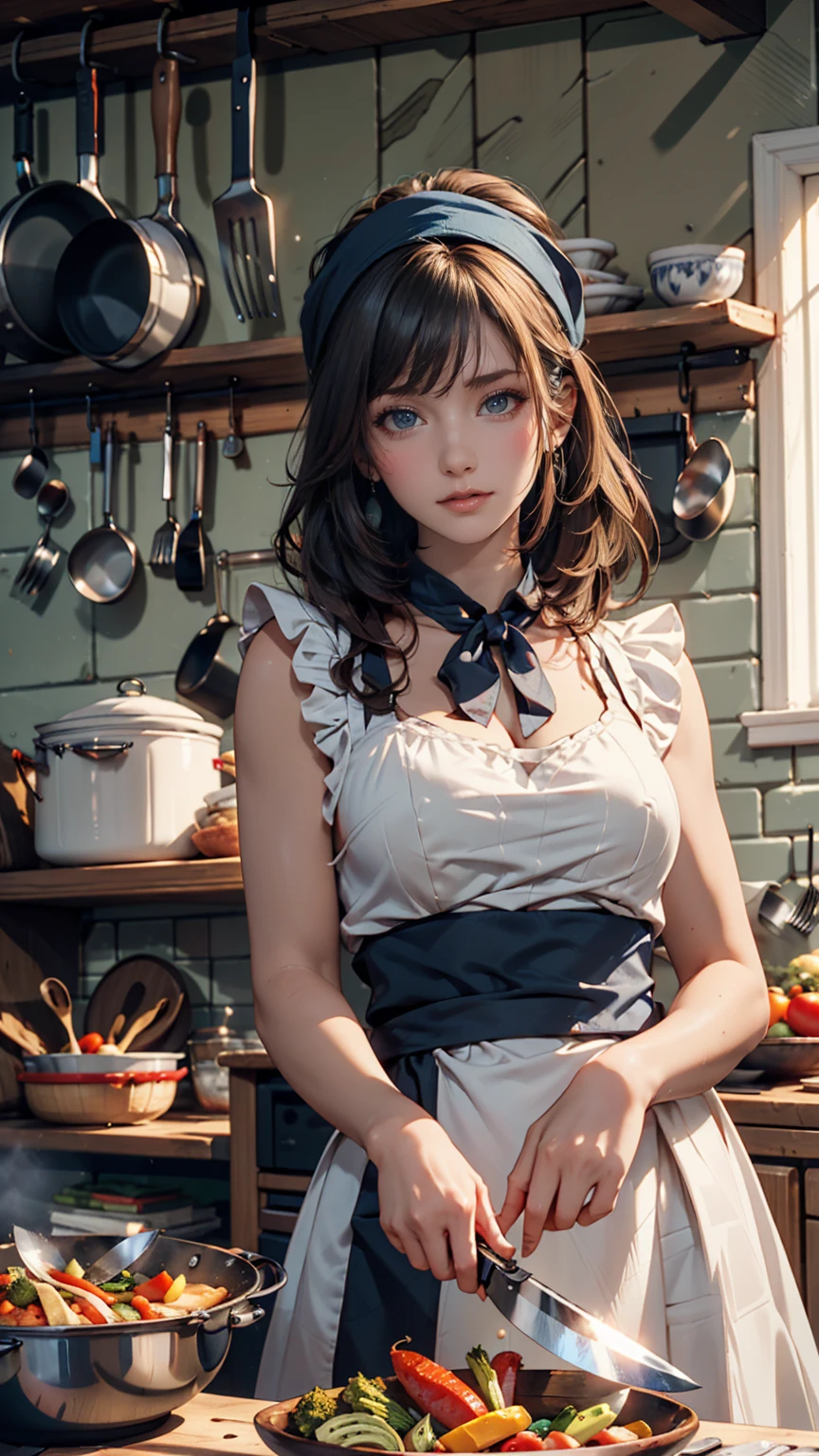 Mezon Hourly Sound Anechoic、Dark blue hair、Tie your hair back、Sexy proportions、Narrow waist、Lace dress、Long skirt、apron、broom、Apartment Background