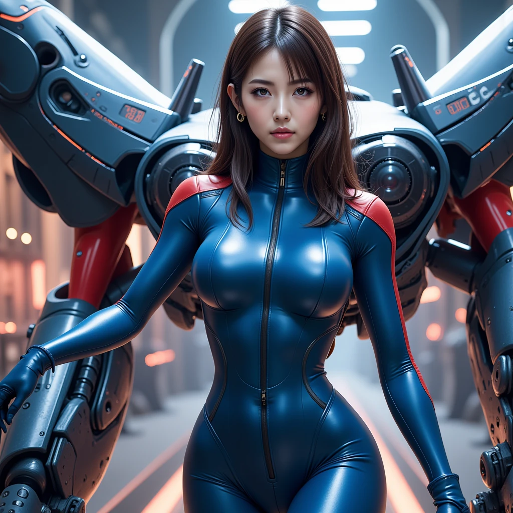 ((16K)),((masterpiece:1.3)), ((Highest quality)), ((Ultra-high resolution)), (Very detailed), ( ultra-realistic, Photorealistic:1.4), Perfect lighting,((Side light)), Surrealism,No makeup, Film Grain, chromatic aberration, Sharp focus,(((Create a detailed image of a cyberpunk-enhanced robot that operates autonomously through a network))), 2 bodies,The robot should have a sleek, metallic exoskeleton with integrated circuits and neon-lit components that glow in various colors, such as electric blue and neon green. The design should include visible power conduits and cables running along its limbs, connecting to a central core embedded in its chest. The robot's limbs are powerful and agile, with sharp, angular joints that allow for high-speed movement. Its head features multiple optical sensors glowing in red or white, giving it a menacing, surveillance-like appearance. The robot should appear heavily armored, with reinforced plating and weaponry integrated into its arms, such as energy blasters or retractable blades. The background should suggest a dark, dystopian cityscape, with the robot ready to respond to any threats in its surroundings through a network interface,((fighting pose:1.5)),Create a dynamic and intense battle scene set in a dystopian, Cyberpunk cityscape. ((Beautiful detailsまでこだわった髪)),((Beautiful eyelashes)), Beautifully detailed face, ((Beautiful Hair)),Beautiful details, Beautiful clavicle, Beautiful body, Thin legs,Beautiful breasts, Beautiful legs, ((Detailed and carefully drawn hand)), ((Cleavage)),Pointed Chest, Perfect Anatomy, Supermodel with a long neck,((Skinny1.3)),23 years old, Glowing Skin,((pale skin)),((beautiful girl:1.1)),(((large breasts:1.5))),Dainty facial structure,((Surprised:1.4)),((nezuko fighting a giant mecha robot:1.5)),((Command nezuko:1.3)), ((Standing face to face with a robot:1.3)),((demon slayer)), ((pink jacket)),((wearing (pink) Cyberpunk Gunfighter:1.2)), ((Futuristic pink Cyberpunk Outfit)), ((Don a futuristic ensemble with cyberpunk-inspired clothing, incorporating sleek lines and high-tech details:1.4, Gloves with Built-in Tech, Enhance the look with gloves that feature built-in tech elements, adding a sci-fi touch, Holographic Gun Holster)),