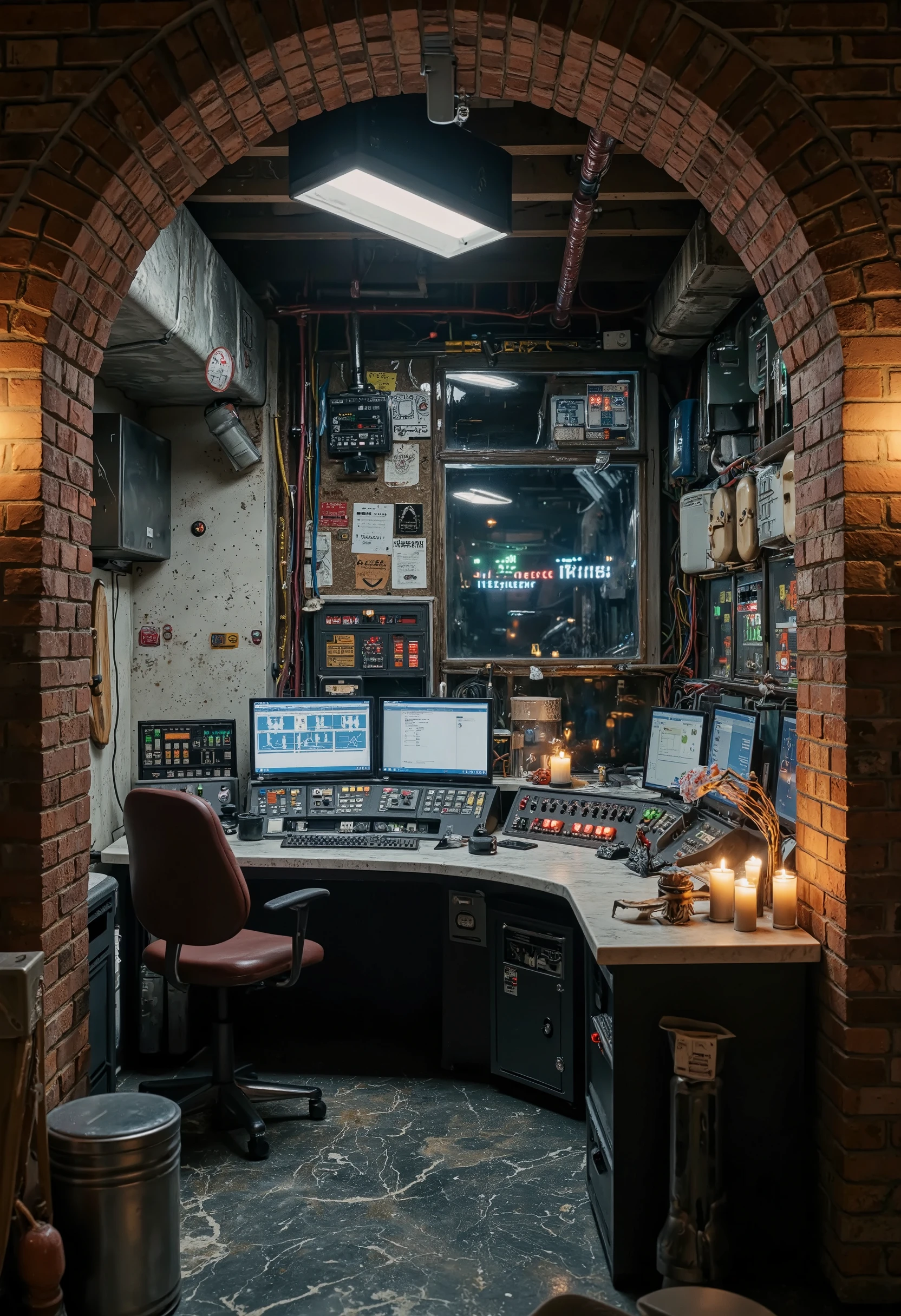 ultra detailed, absolutely resolution, masterpiece.
In a dimly lit basement, lit by candles, the alternating brick walls are slid aside to reveal a hidden laboratory. The laboratory is covered in marble, with several huge monitor screens, a console with countless buttons and knobs, colorful LED indicators, exposed plated piping, and countless colorful wires.
extremely delicate depiction, extremely clear image