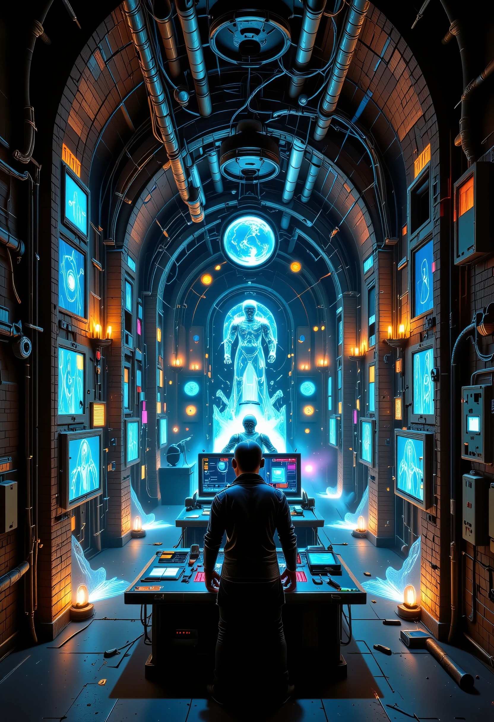 ultra detailed, absolutely resolution, masterpiece.
In a dimly lit basement, lit by candles, the alternating brick walls are slid aside to reveal a hidden laboratory. The laboratory is covered in marble, with several huge monitor screens, a console with countless buttons and knobs, colorful LED indicators, exposed plated piping, and countless colorful wires.
extremely delicate depiction, extremely clear image