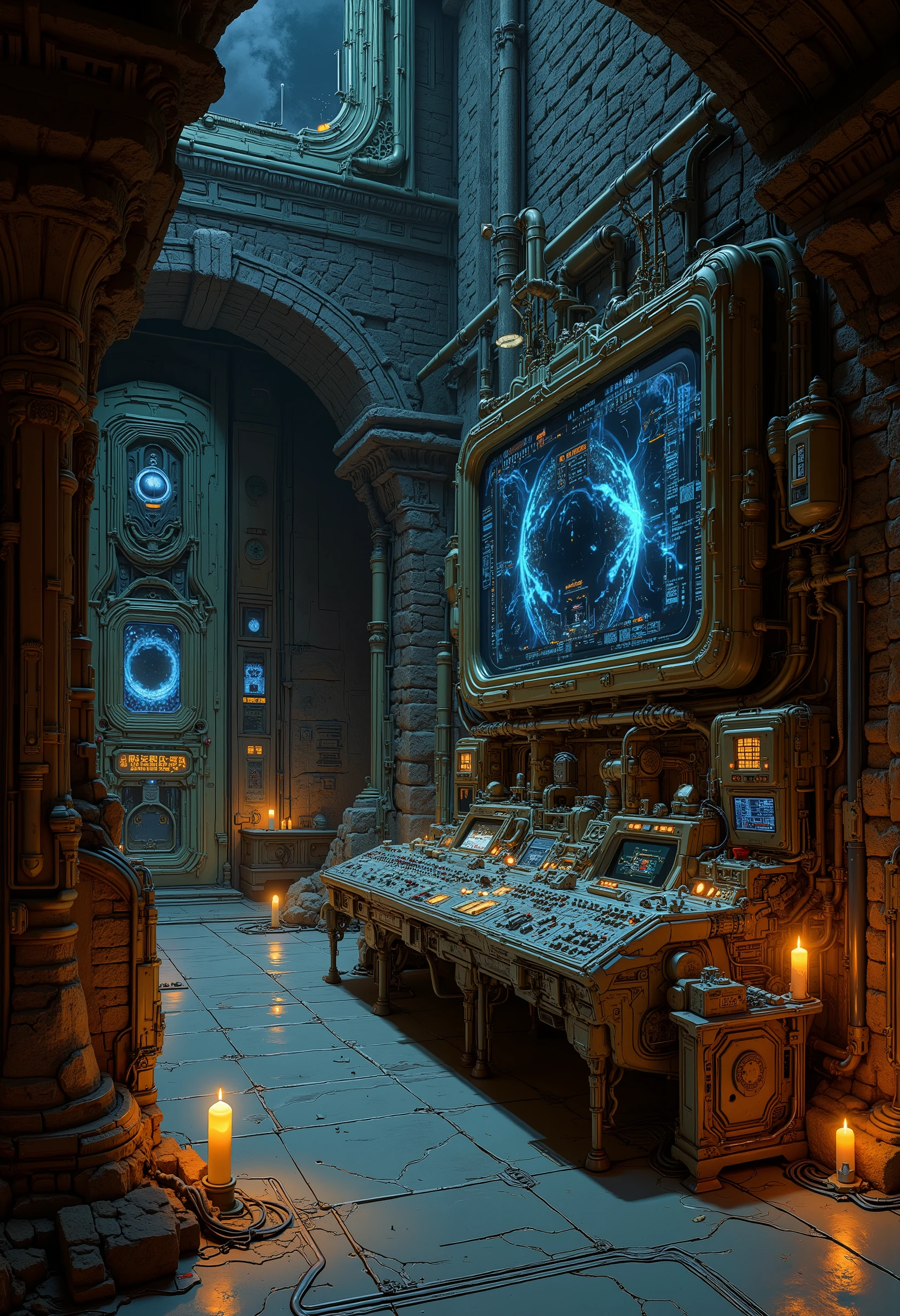 ultra detailed, absolutely resolution, masterpiece.
In a dimly lit basement, lit by candles, the alternating brick walls are slid aside to reveal a hidden laboratory. The laboratory is covered in marble, with several huge monitor screens, a console with countless buttons and knobs, colorful LED indicators, exposed plated piping, and countless colorful wires.
extremely delicate depiction, extremely clear image