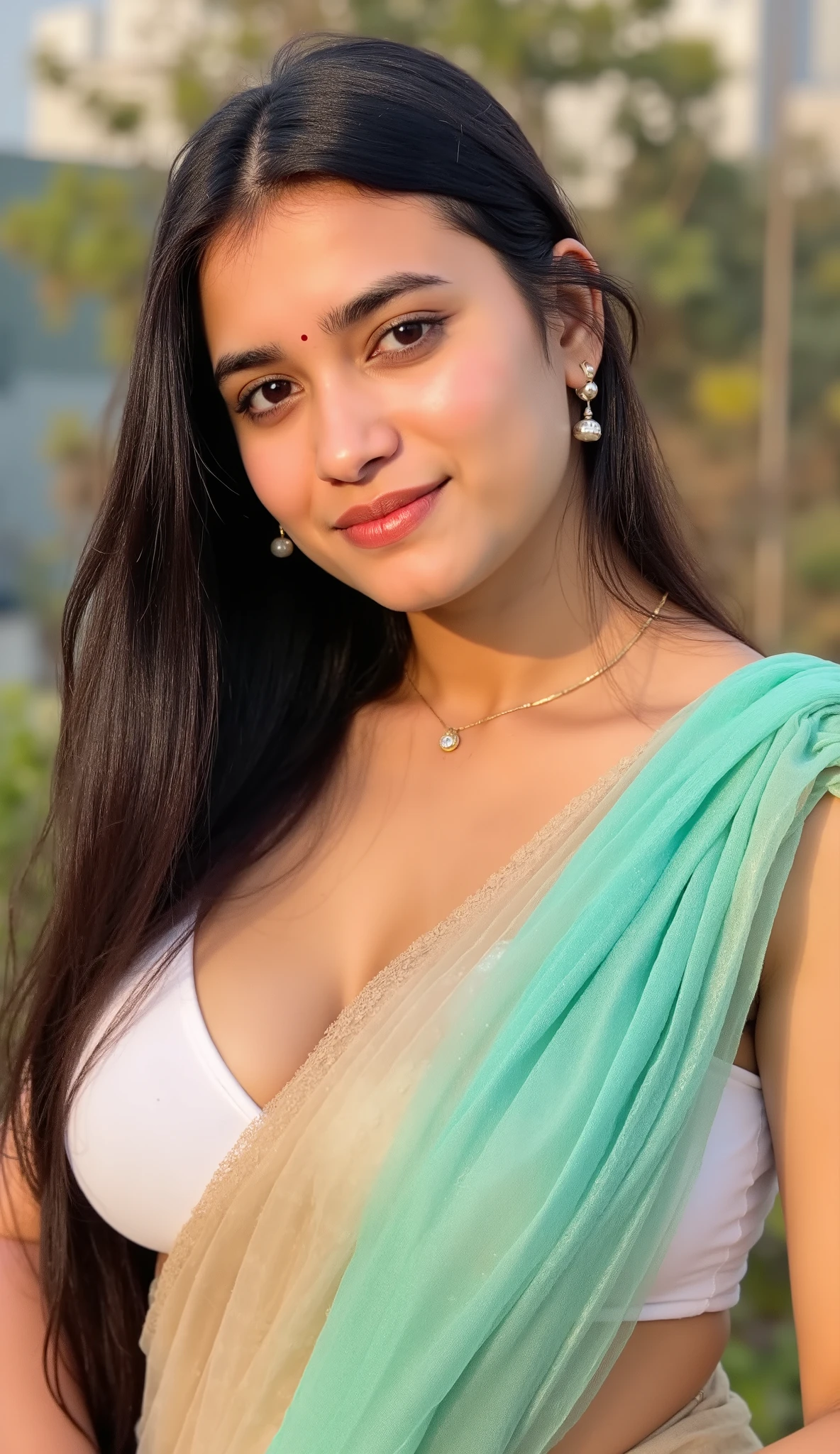 Indian woman masterpiece, best quality, ultra-detailed, (warm hue, warm tone: 1.2), wearing colorful saree big hook blouse, 20 years old, (((big tits1.8))),((Huge breasts 1.6)),(((Plump body 1.8))), (Indian instagram photo, Wearing hook blouse closeup face photo of 23 y.o Chloe in kebaya, Red Lipstick, sensual Lipstick, Sensational Make Up, cleavage, pale skin, (smile:0.4), hard shadows, White G-STRING, bright lighting