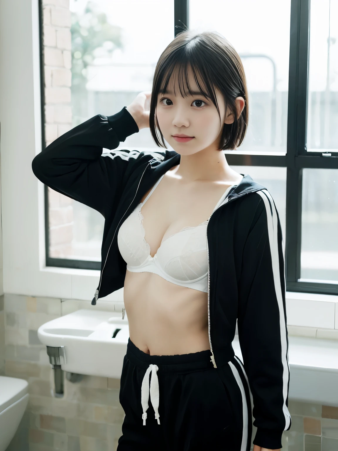 masterpiece, highest quality, 8K, (ars old:1.3) , RAW photo, disorganized, award-winning portraits, alone, noon, idol face, delicate face, Digital single-lens reflex camera, looking at the viewer, (shy face:1.3)、shame、(flushed cheeks:1.2)、thin arms, small breasts, nipples, small ass、thin waist、Frank, Sophisticated, like々New, thin arms, professional lighting, film grain, black eyes, chromatic aberration, (detailed eyes and face:1.0), (Bokeh:1.1),(hyper pretty face:1.3),(medium black hair, short cut:1.4),(tracksuits:1.3),(white panties, white bra:1.3),cute butt, above the knee, angle from side, in the school gym, (see while you are undressing:1.3)