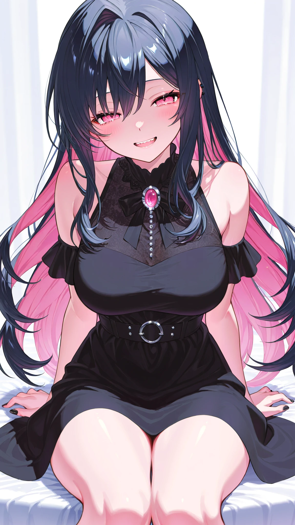 one woman、black Hair、 pink inner color hair、Intake、 pink eyes、 with semi-closed eyes 、 shy expression、 long hair、 wave hair、 double teeth、Black Nails、A mouth that is just a little empty、 black dress、 indoor、 Sitting、 smile、
Masterpiece、 top quality、
