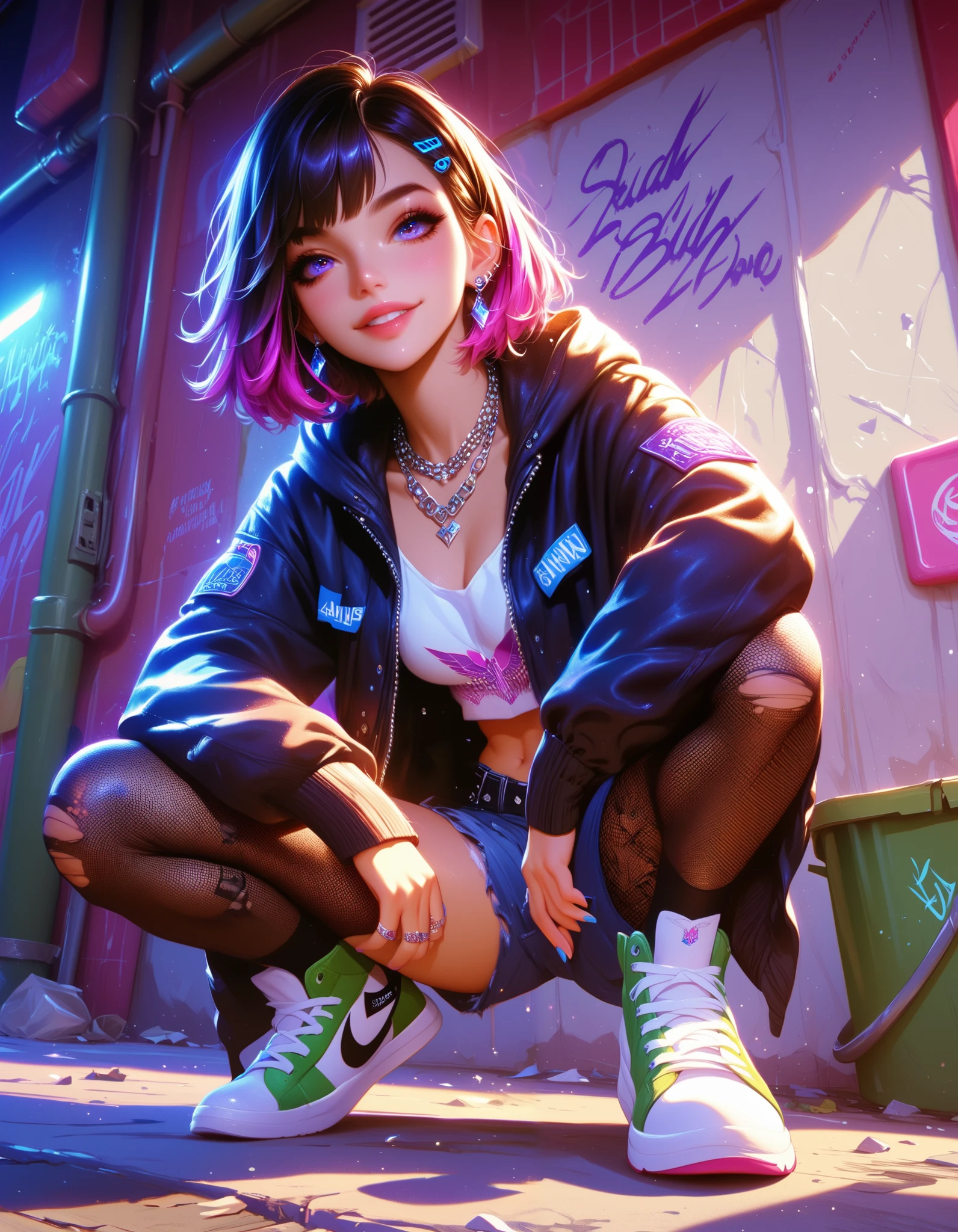 (best quality, masterpiece, colorful, highest detailed), Illustration by Jamie Hewlett, bold linework, edgy character design, graffiti-style background, punk-inspired vibe, A cute girl squatting in a back alley, messy short bob haircut with dyed tips, wearing an oversized hoodie with bold graphic prints, ripped fishnet tights, high-top sneakers, layered necklaces, playful expression with a slight smirk, graffiti-covered walls and scattered trash cans in the background, gritty yet colorful urban atmosphere, inspired by Jamie Hewlett’s art style,