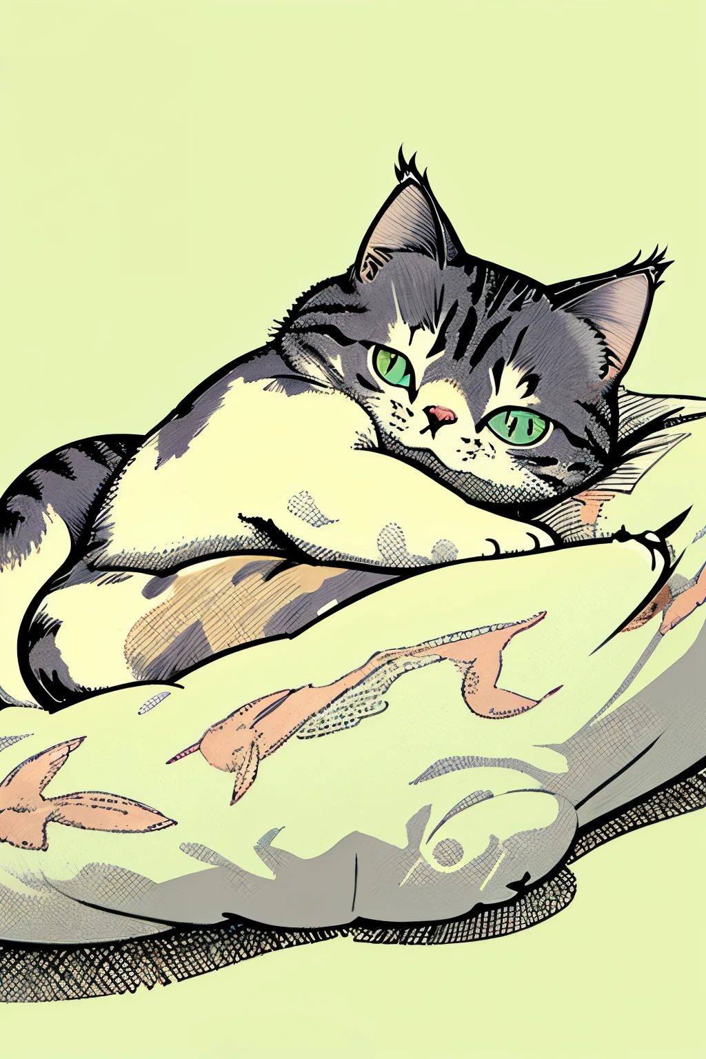 cute cat、1、Lying down、 illustration style