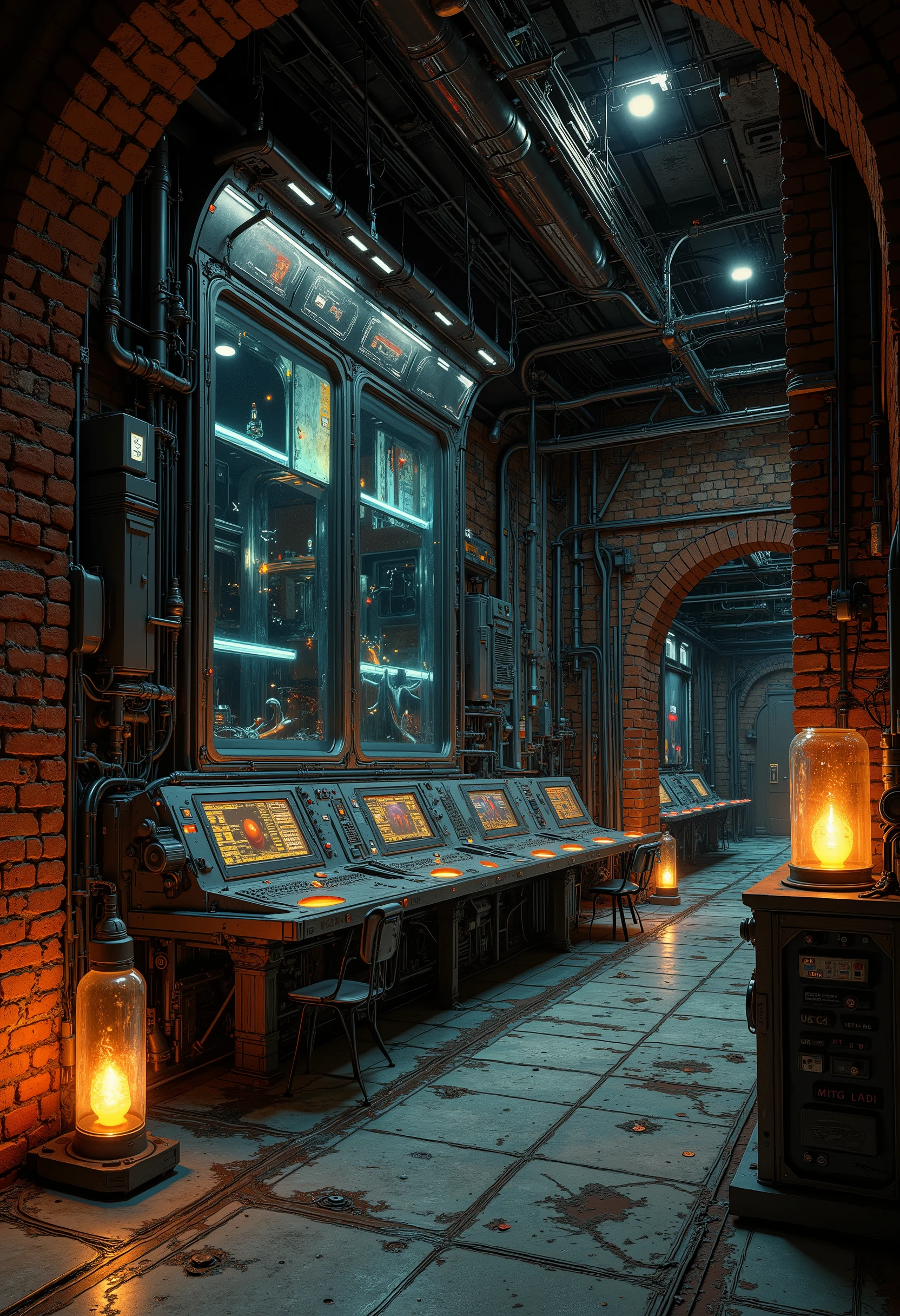 ultra detailed, absolutely resolution, masterpiece.
In a dimly lit basement, lit by candles, the alternating brick walls are slid aside to reveal a hidden laboratory. The laboratory is covered in marble, with several huge monitor screens, a console with countless buttons and knobs, colorful LED indicators, exposed plated piping, and countless colorful wires.
extremely delicate depiction, extremely clear image