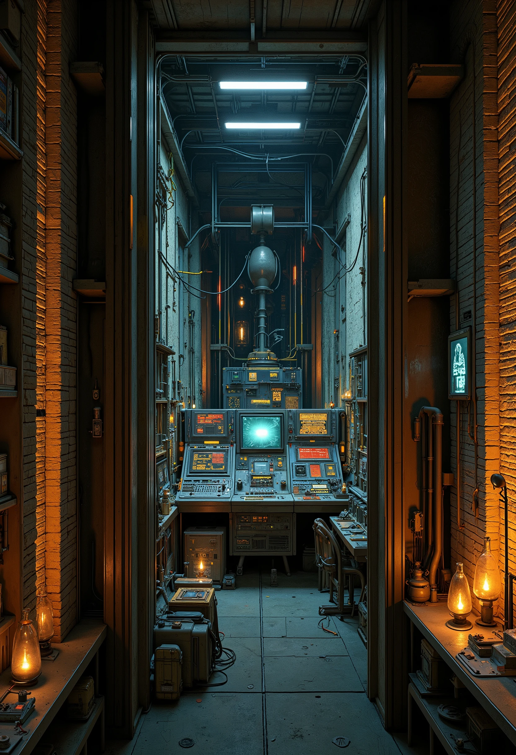 ultra detailed, absolutely resolution, masterpiece.
In a dimly lit basement, lit by candles, the alternating brick walls are slid aside to reveal a hidden laboratory. The laboratory is covered in marble, with several huge monitor screens, a console with countless buttons and knobs, colorful LED indicators, exposed plated piping, and countless colorful wires.
extremely delicate depiction, extremely clear image