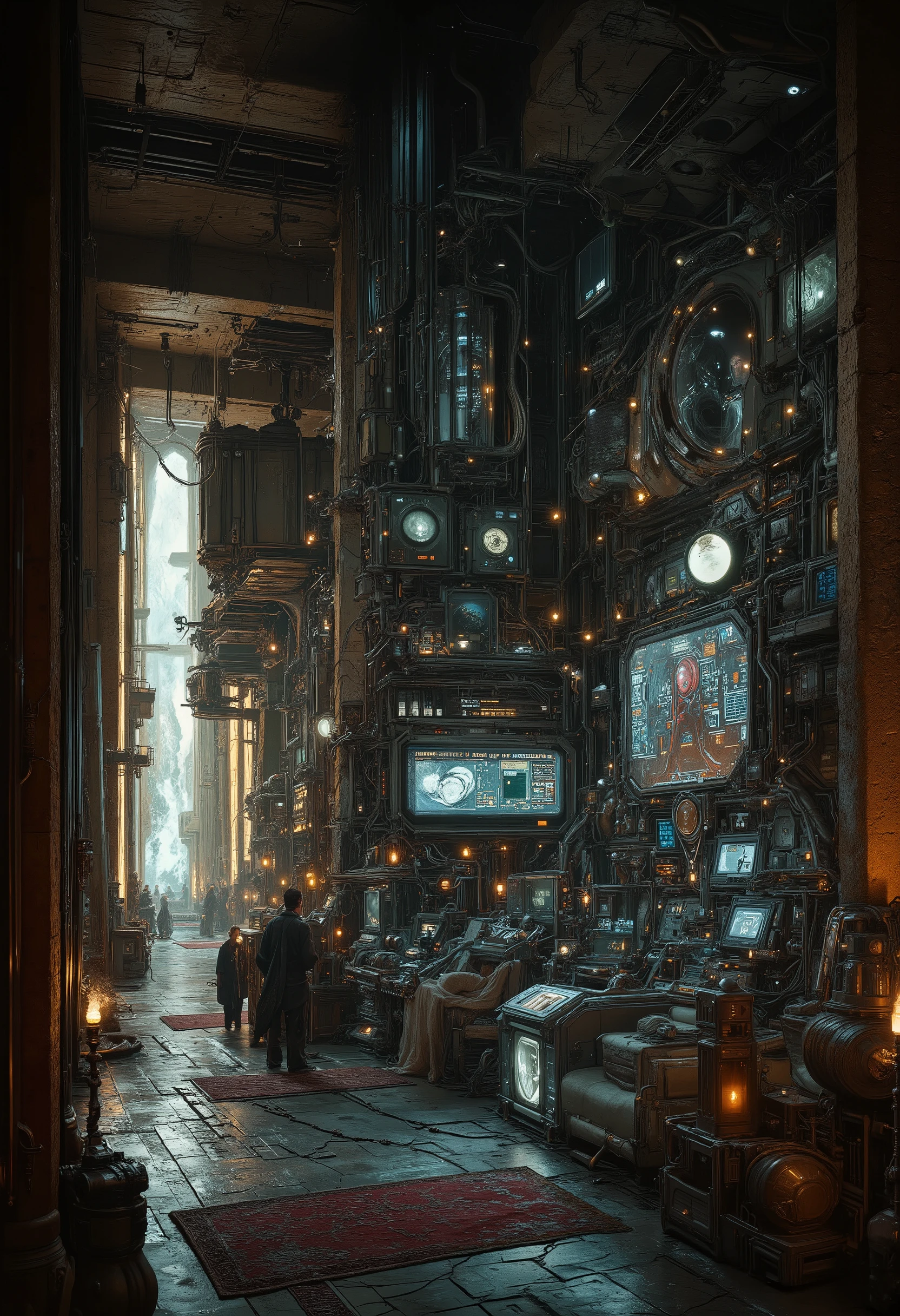 ultra detailed, absolutely resolution, masterpiece.
In a dimly lit basement, lit by candles, the alternating brick walls are slid aside to reveal a hidden laboratory. The laboratory is covered in marble, with several huge monitor screens, a console with countless buttons and knobs, colorful LED indicators, exposed plated piping, and countless colorful wires.
extremely delicate depiction, extremely clear image