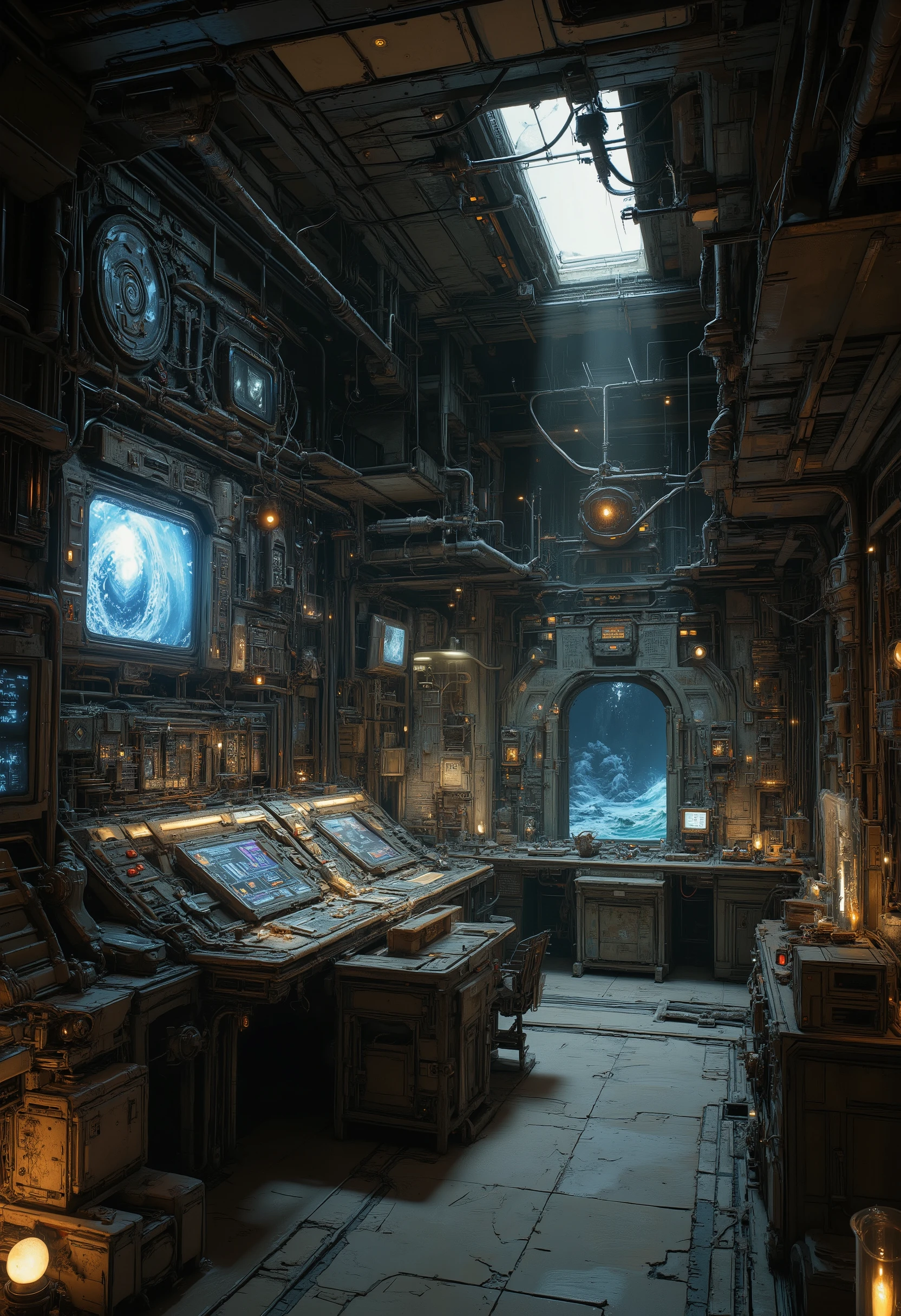 ultra detailed, absolutely resolution, masterpiece.
In a dimly lit basement, lit by candles, the alternating brick walls are slid aside to reveal a hidden laboratory. The laboratory is covered in marble, with several huge monitor screens, a console with countless buttons and knobs, colorful LED indicators, exposed plated piping, and countless colorful wires.
extremely delicate depiction, extremely clear image