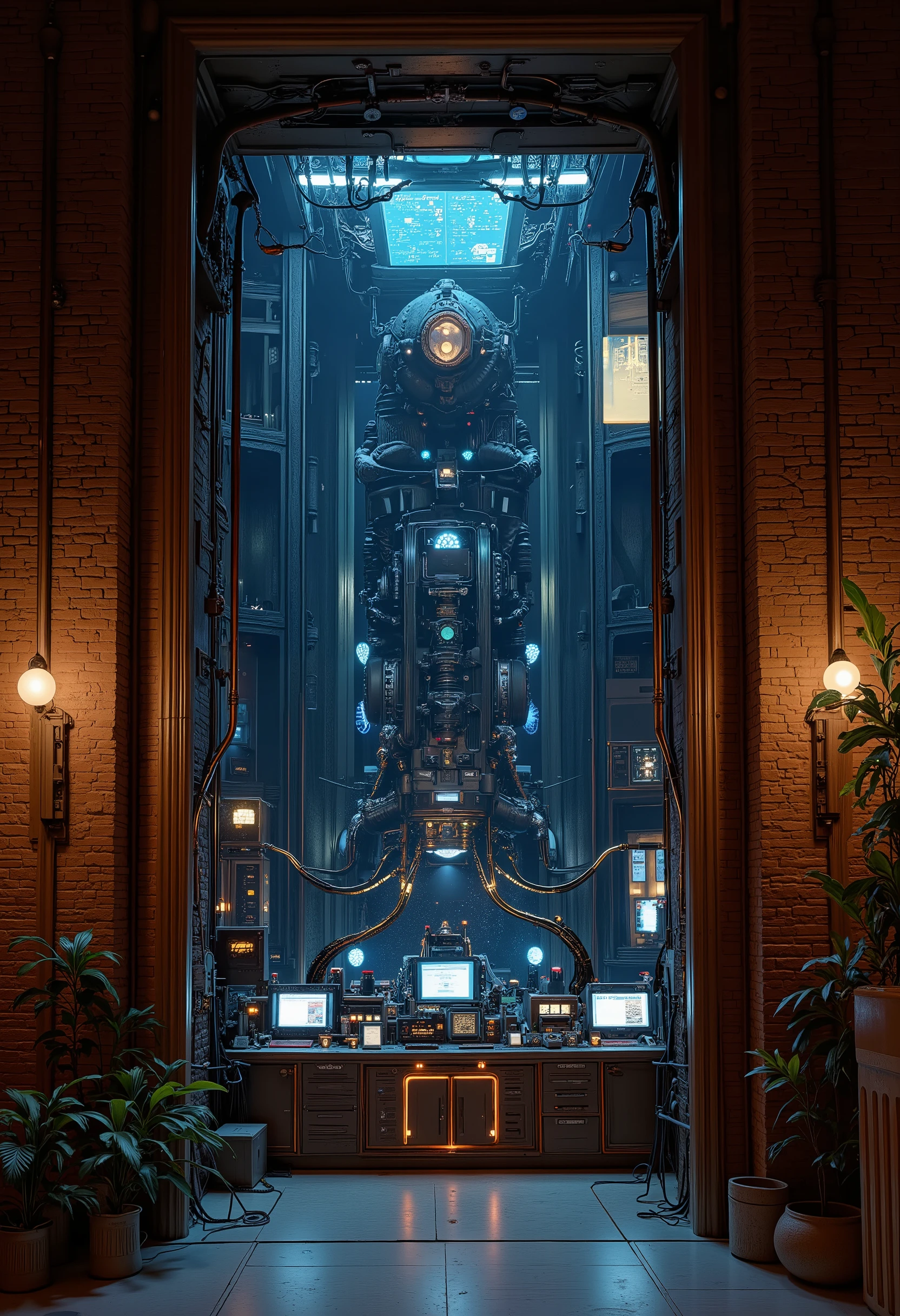 ultra detailed, absolutely resolution, masterpiece.
In a dimly lit basement, lit by candles, the alternating brick walls are slid aside to reveal a hidden laboratory. The laboratory is covered in marble, with several huge monitor screens, a console with countless buttons and knobs, colorful LED indicators, exposed plated piping, and countless colorful wires.
extremely delicate depiction, extremely clear image