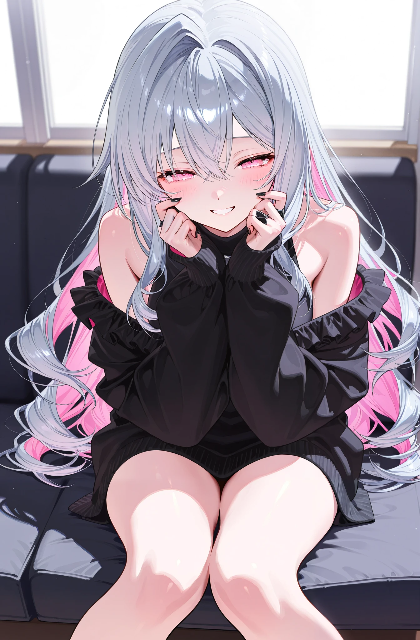 one woman、Gray Hair、 pink inner color hair、Intake、 pink eyes、 with semi-closed eyes 、 shy expression、 long hair、 wave hair、Black Nails、 Ruffled Clothes 、 indoor、 Sitting、 smile、
Masterpiece、 top quality、