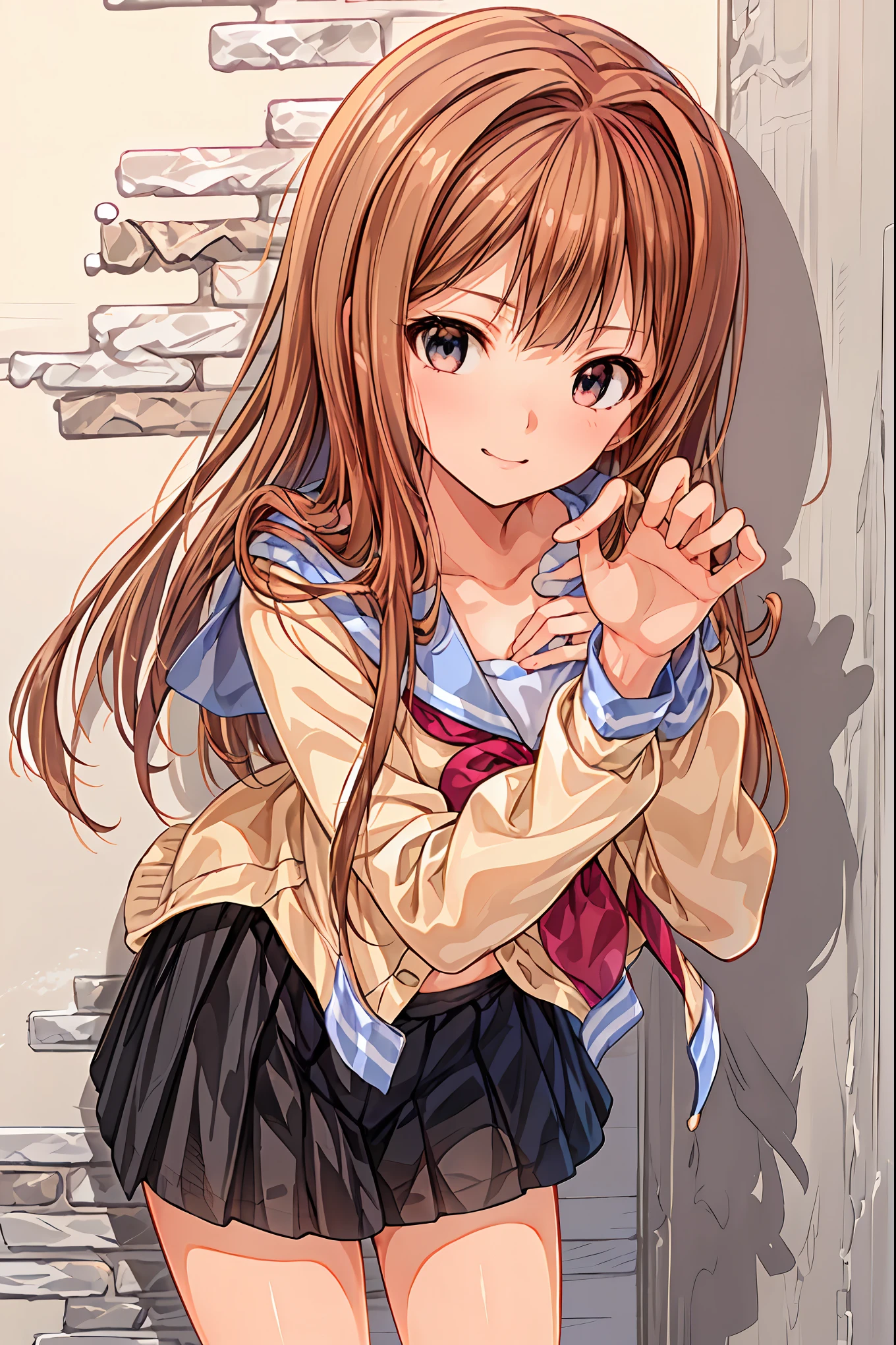 masterpiece, top quality, 非常に DetailsなCG Unity 8K壁紙 , Ultra-realistic 8K CG, perfect artwork , Perfect Female Body Type, Dramatic shadows , ( spotlight, viewer , Details light , ((( 1 girl))), (( SHARP FACE )), (( brown hair, wave hair)), ((( sexy pose))), model body type , I can see my belly button, Watch viewers with small breasts , (( cute face)), ( smiles gently: 1.2), ( asymmetrical bangs that grab the chest , beautiful eyelashes ), Beautiful appearance, (Beautiful bust line:1.2), (Chest), beautiful girl, beautiful facial features that describe a perfect face, cold, Natural Beauty , slender body, Light and beautiful thigh expression , high school girl, high school uniforms , Show me sailor suits, pleated skirt , loose socks, in front of a wall full of graffiti , night , ((( leaning against the wall, standing))), Award-Winning Photos Cuddling From Behind, Details, realistic light and shadow , 8k resolution, professional lighting , ( shiny skin around:0.9), Perfect Hands, Hair, Shortcut with Bangs, unkempt hair,Short braided hair,Neat, slender beautiful woman,Correct posture,Small chest, beautiful legs, has enchanting gray-blue eyes that shine like stars, droopy eyes , vibrant colors, beautiful eyes,A delicate smile,Textured Skin, Best Quality at its Best , gentle and beautiful woman , anime style、