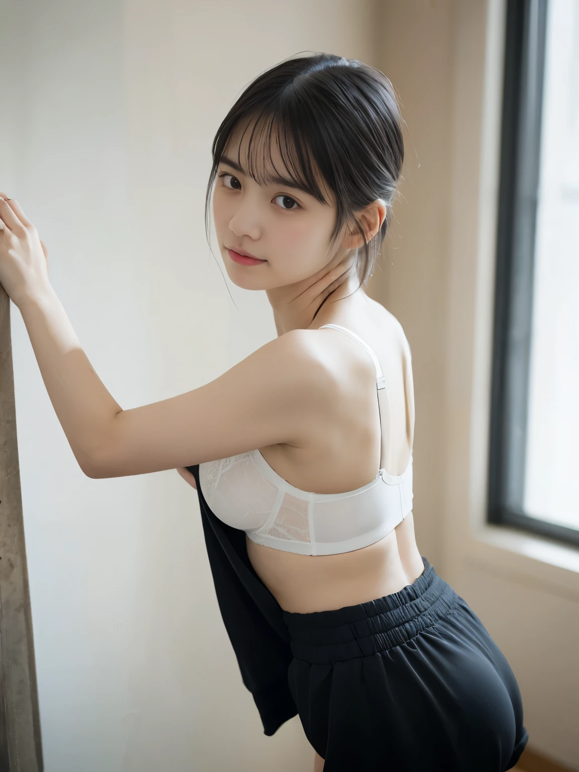 masterpiece, highest quality, 8K, (ars old:1.3) , RAW photo, disorganized, award-winning portraits, alone, noon, idol face, delicate face, Digital single-lens reflex camera, looking at the viewer, (shy face:1.3)、shame、(flushed cheeks:1.2)、thin arms, small breasts, nipples, small ass、thin waist、Frank, Sophisticated, like々New, thin arms, professional lighting, film grain, black eyes, chromatic aberration, (detailed eyes and face:1.0), (Bokeh:1.1),(hyper pretty face:1.3),(medium black hair, short cut:1.4),(tracksuits:1.3),(white panties, white bra:1.3),cute butt, above the knee, angle from side, in the school gym, (see while you are undressing:1.3)
