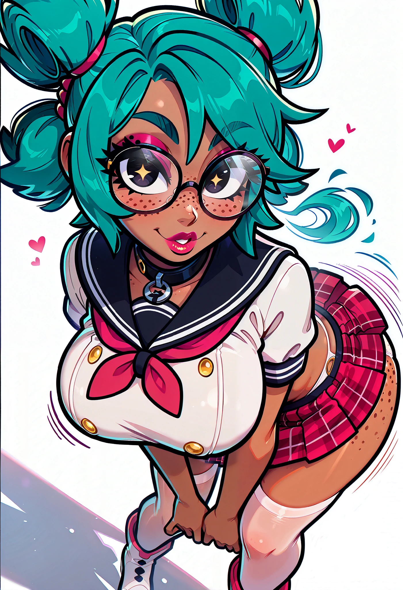 (masterpiece), best quality, expressive eyes, perfect face, newest, perfect anatomy, flawless face, dark skinned African female with pigtails and glasses, multicolored hair, white knee high stockings, collar, tight black sailor top with short sleeves, tight short pleated plaid red miniskirt, illuminate subject, spotlight on subject, color saturation, makeup, lipstick, glossy lips, freckles, white boots, big butt, big breasts, bokeh, looking back at viewer, hair blowing in wind, speed lines, seductive expression, turning away from you, leaning forward, pov from above and behind, smiling, green hair, two-tone hair, white panties, white panties in view, panty shot, white background