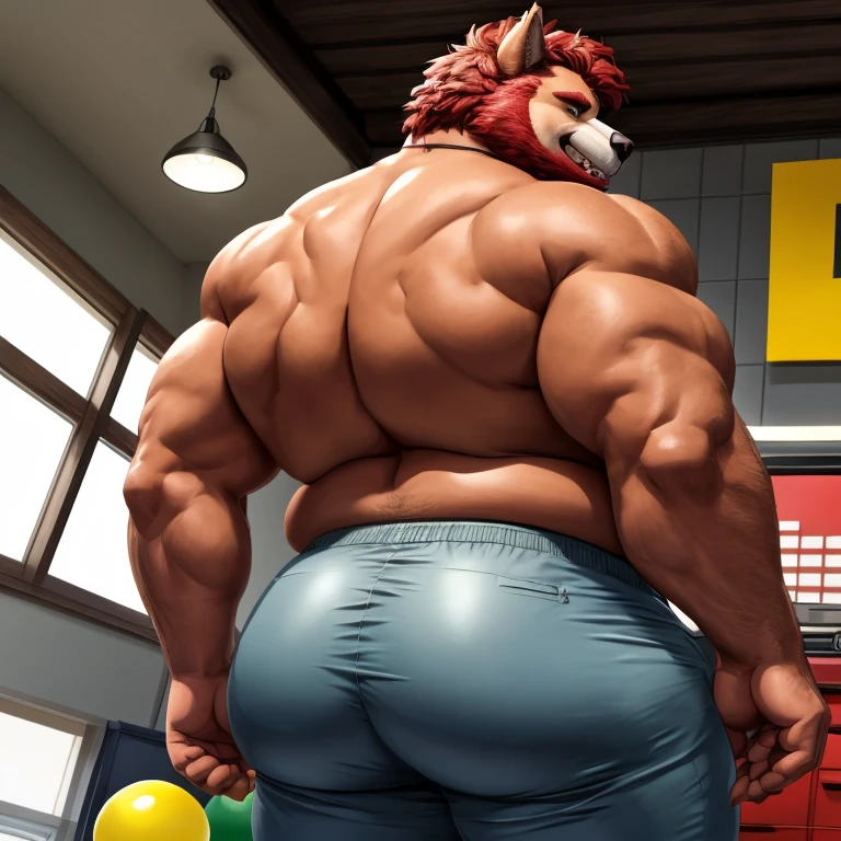 e621 explicit content (by adios, by chung0_0, by null-ghost, by darkgem), anthro, kemono, (detailed scaleeully naked, muscular, (dragon), huge body, orange body, (scalie), (low angle view), (standing), (gym), flexing, looking at viewer, erection, (full body), many scars on body, clenching fist, (full body), (arms raised), wearing leather harness on chest, zoom out, (rear view), (barely visible butthole),