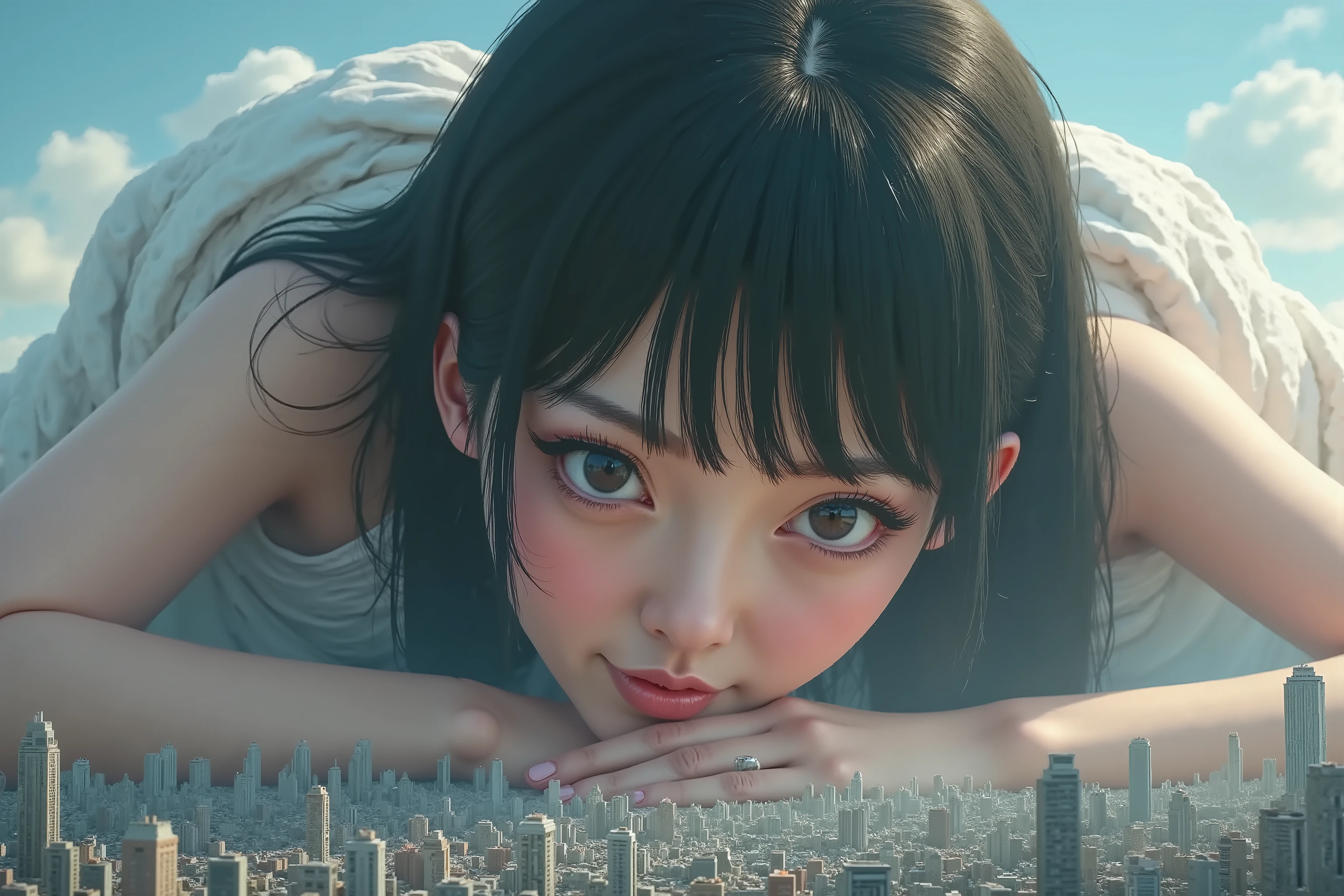 (Japanese High Beautiful Super Giant girl),
(Super Best masterpiece, Raw Photography Art, 16k,  best image quality,  super high resolution,  RAW photos , Bust Objective Outline, extreme tilt angle),
(Very detailed and accurate perspective 3-point perspective projection depicting supergiants, Ultra-wide field of view, look up from the ground, Super Low Wide view)
( very unrealistic ,  an unparalleled depiction , It&#39;s such an unfathomable sight,  Focus on the average value of the image ,  super realistic depiction of a very small world with super tall super giant girls),
( A skyscraper is abnormally short compared to Super Giant Girl's super tall , A very, very small world compared to Super Giant Girl's super tall , A tiny miniature city,  from her point of view, I am smaller than dust, and a hopeless worldview seen from the ground, Her sense of supermassive scale from an earthly perspective on a very, very small world),
(Small face, Thick black hair,  semi-long hair,  fashion swimsuit ,  mature face ,  cute smile, Smiling face, Lower your face to the ground),
(Very beautiful and detailed female body,  very detailed and accurate female body structure , Very precise body and finger movements, Very plump big breasts, Very large breast swelling, Cleavage emphasis, HUGE BOOBS AIM)
(Her super big breasts are so unfathomably shockingly huge than a skyscraper, The distance between the position you're watching and the super tall Super Giant Girl is so close that it's hopeless sense of destruction Supermax), 